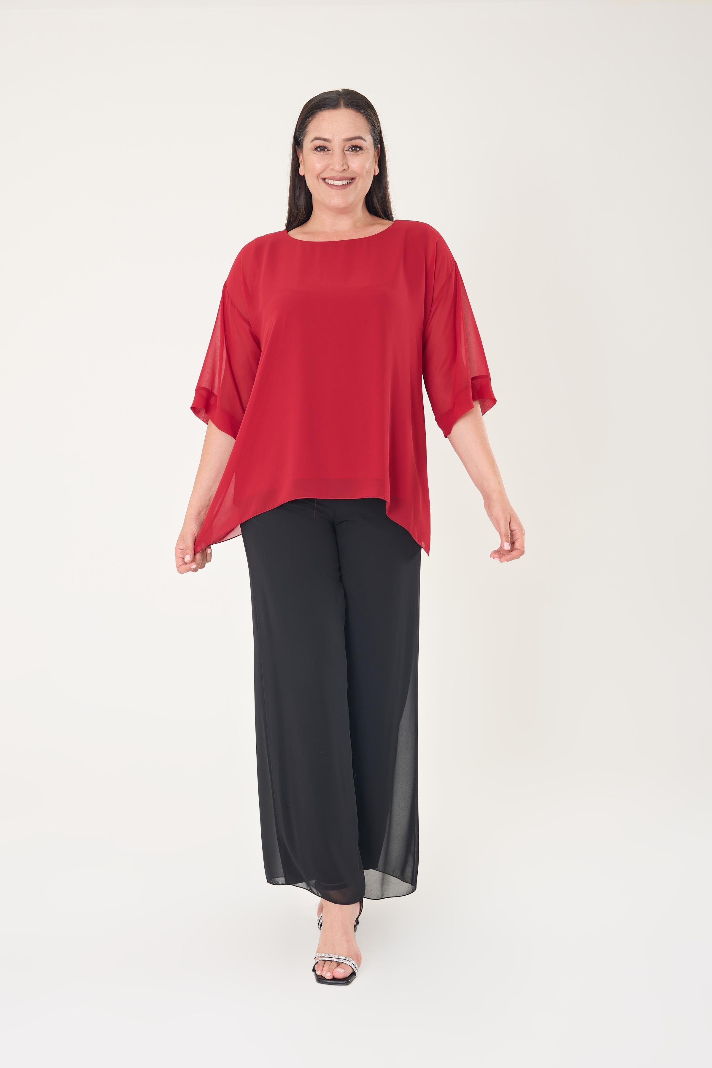 Büyük Beden Kırmızı Renkli Şifon Abiye Bluz