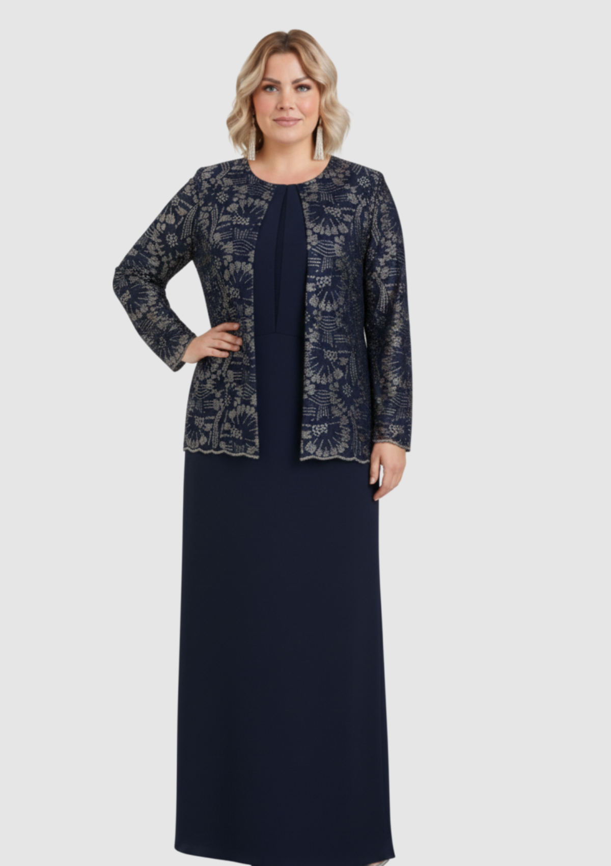 Büyük Beden Lacivert Renkli Krep Kumaş Uzun Abiye Elbise