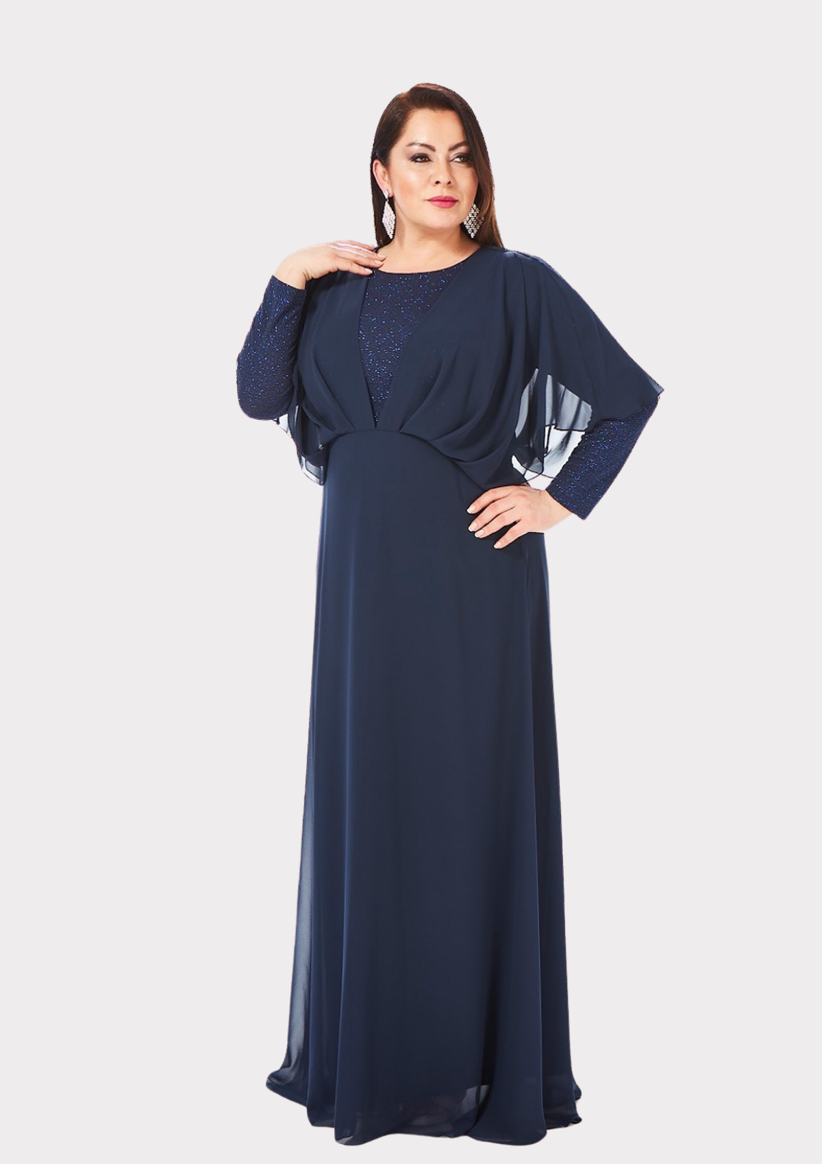 Büyük Beden Lacivert Renkli Likralı Simli Abiye Elbise