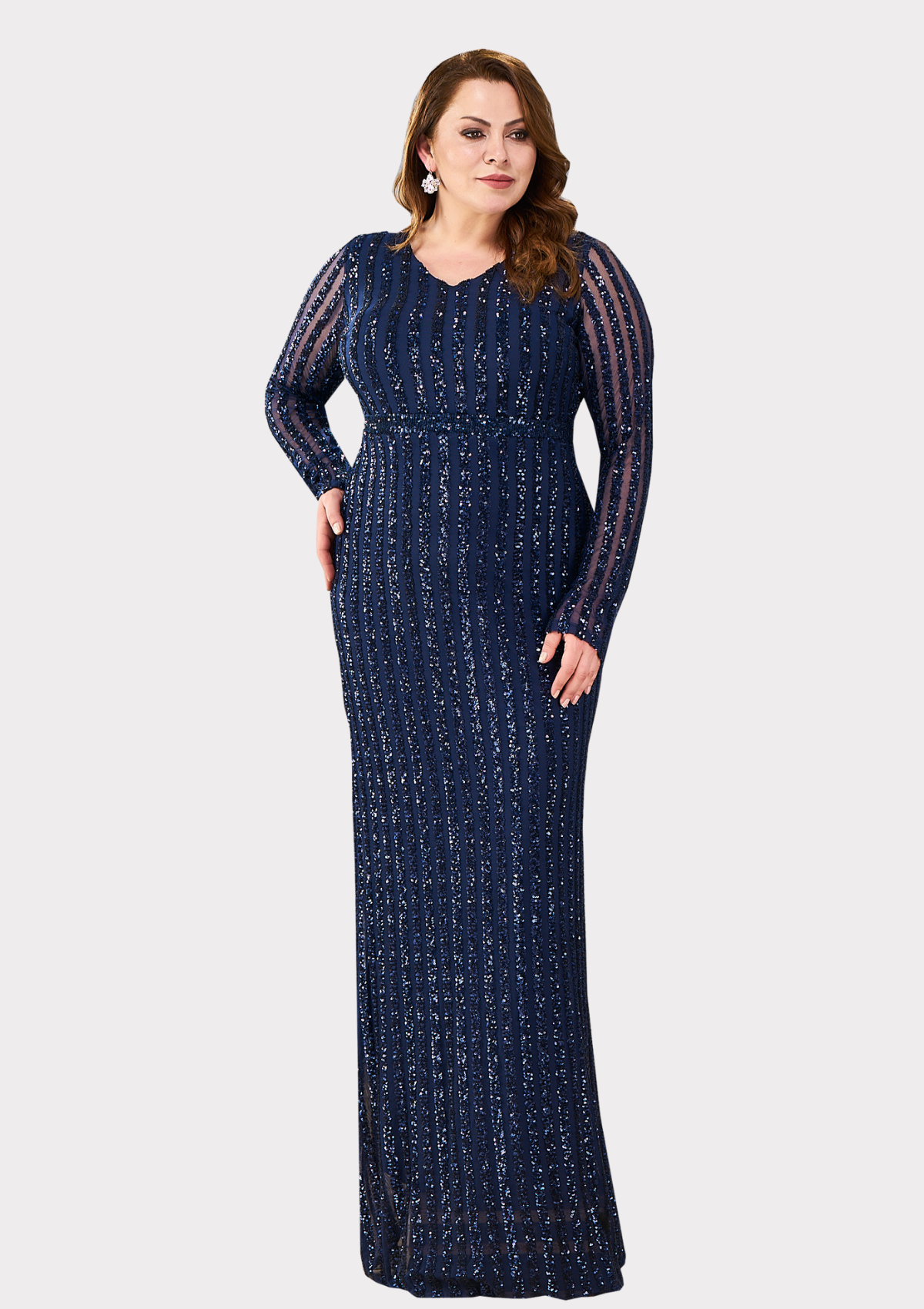 Büyük Beden Lacivert Renkli Payetli Likralı Uzun Abiye