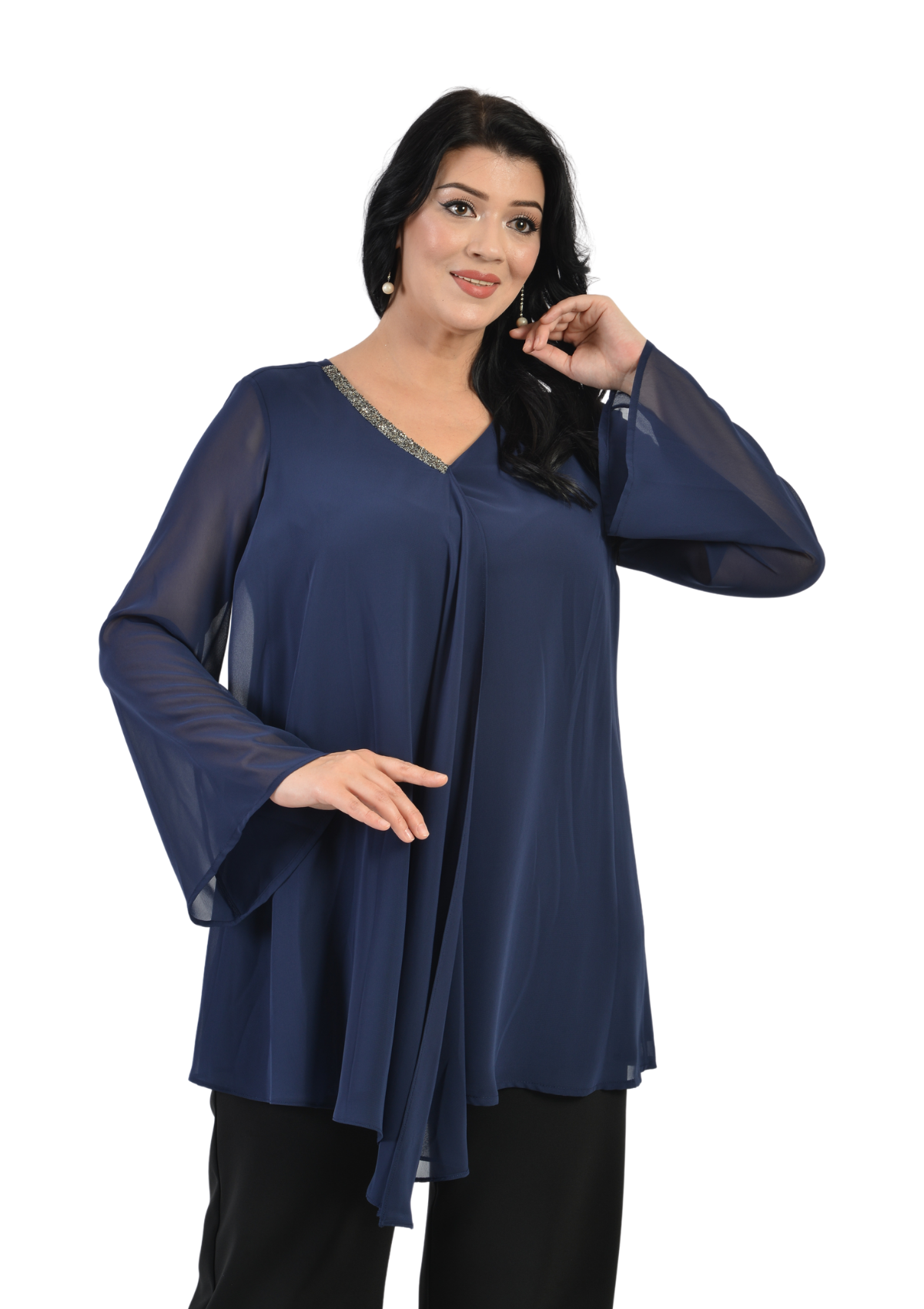 Büyük Beden Lacivert Renkli  Şifon  Abiye Bluz