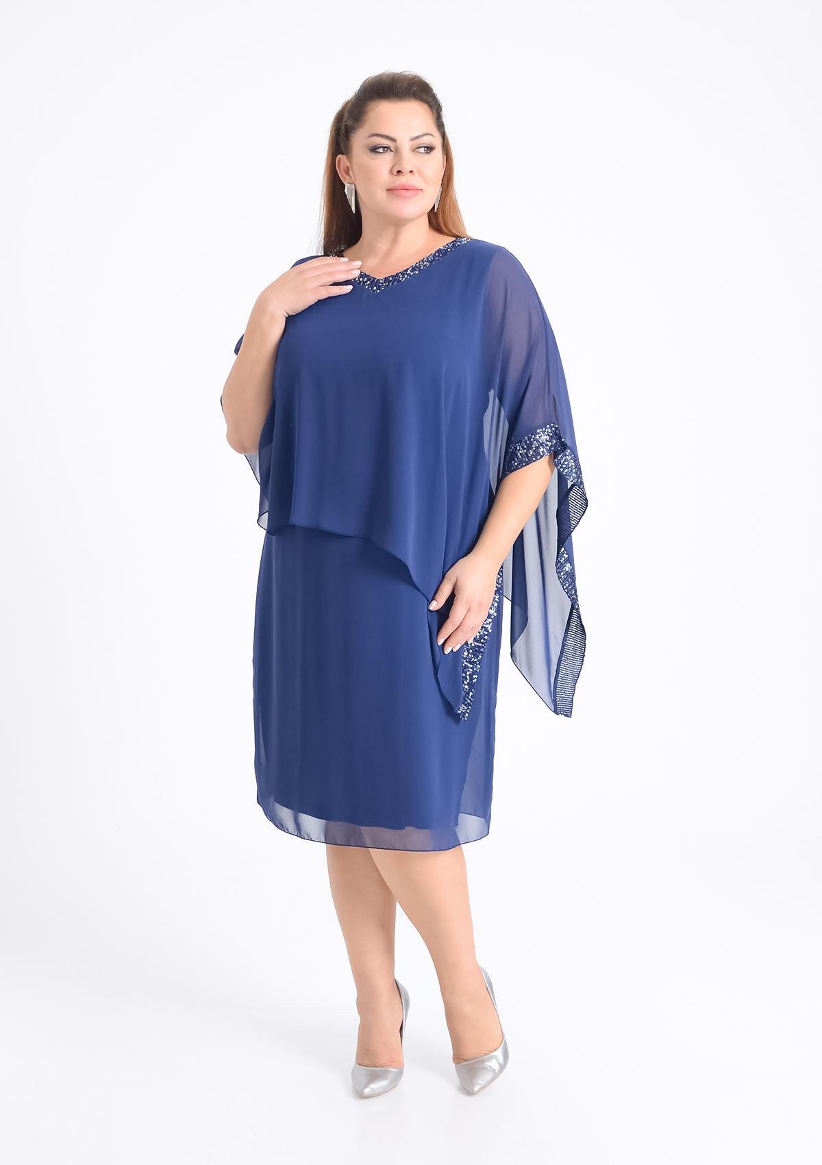 Büyük Beden Lacivert Renkli V Yaka Şifon Abiye Elbise