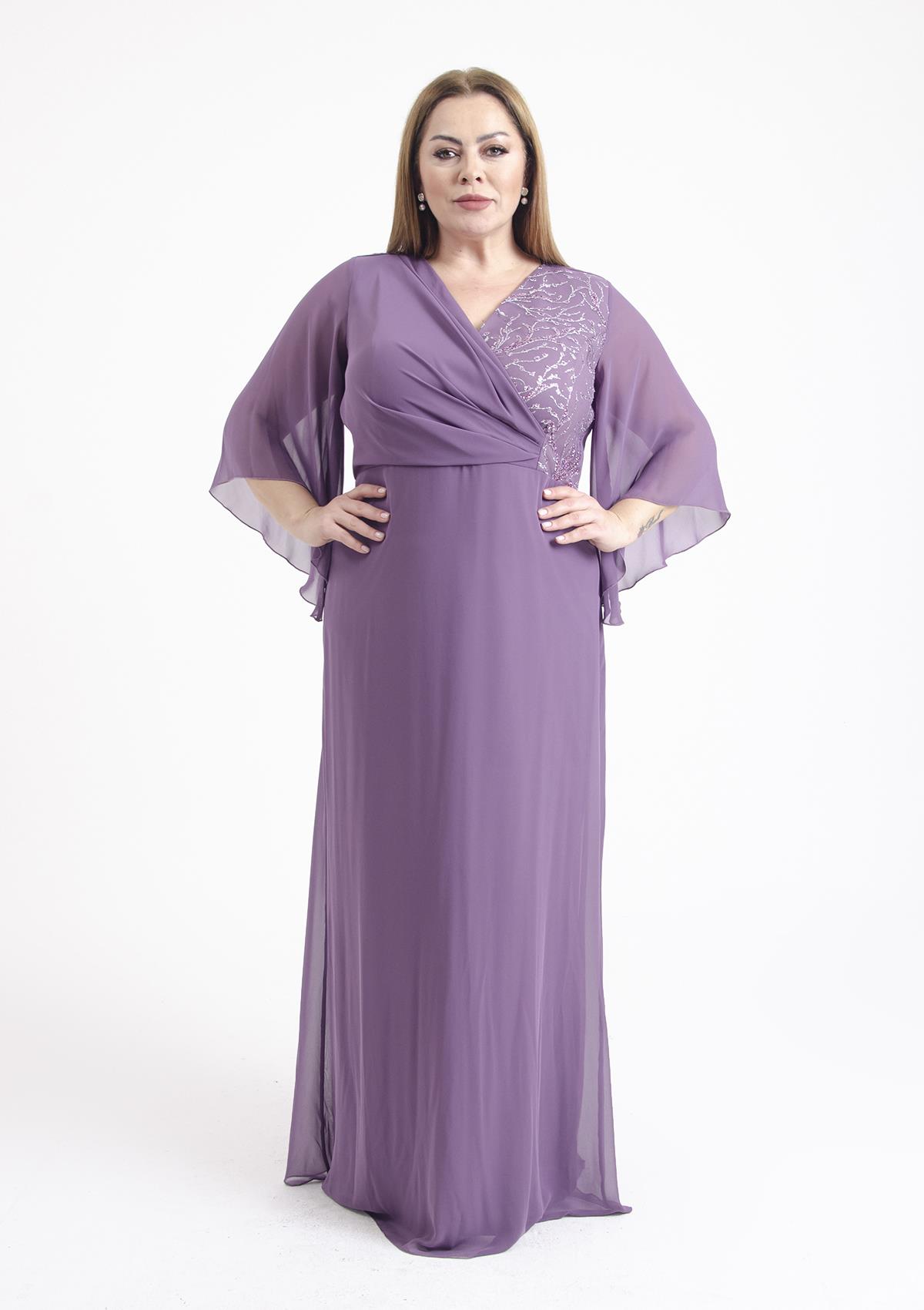 Büyük Beden Lavanta Renkli Kruvaze Yaka Şifon Uzun Abiye Elbise