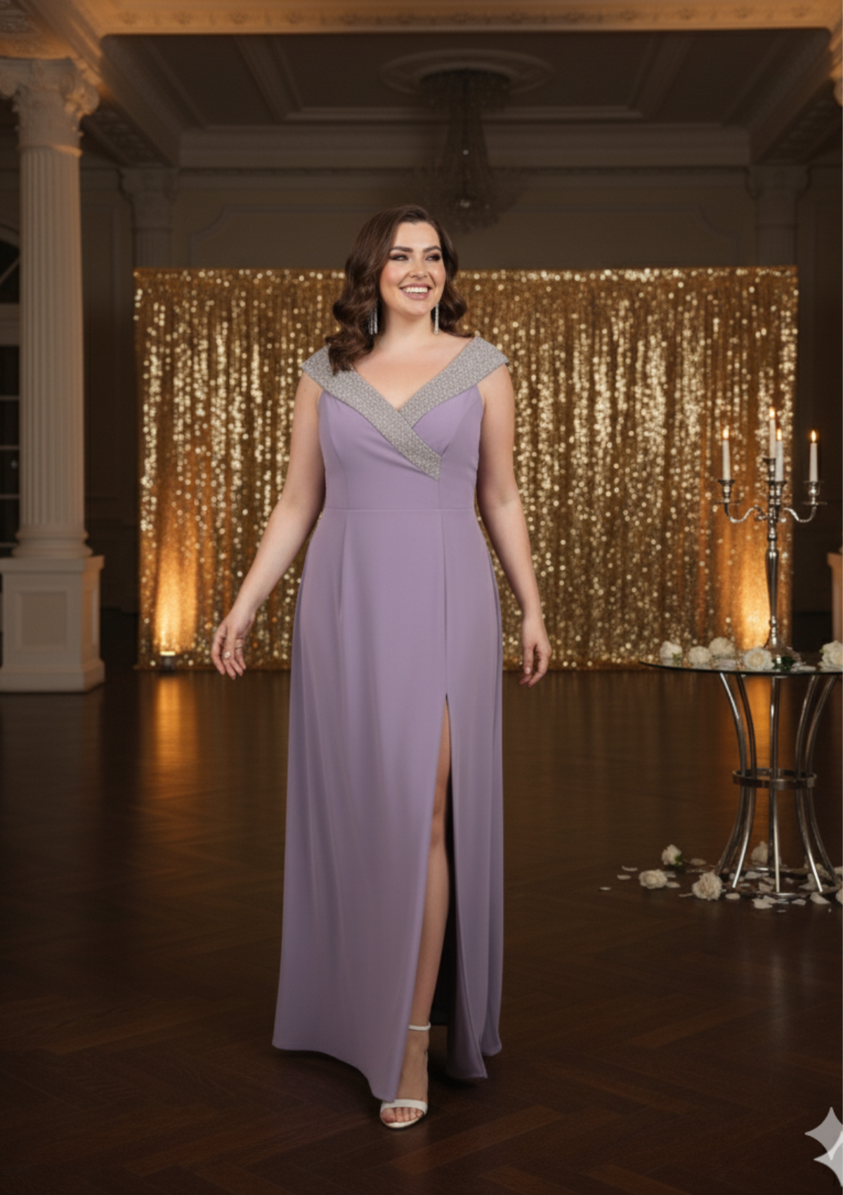 Büyük Beden Lavanta Renkli Şifon Kayık Yaka Uzun Abiye Elbise