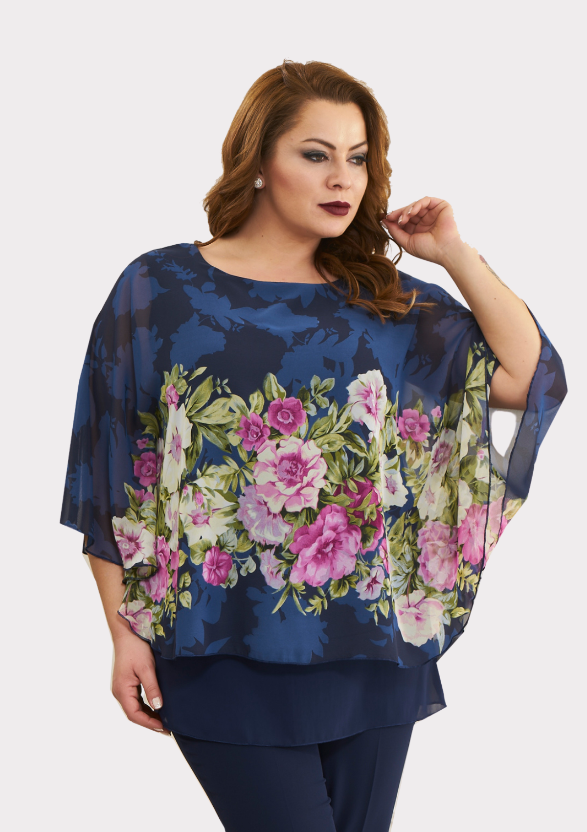 Büyük Beden Lila Çiçek Renkli Yarasa Kol Şifon Bluz