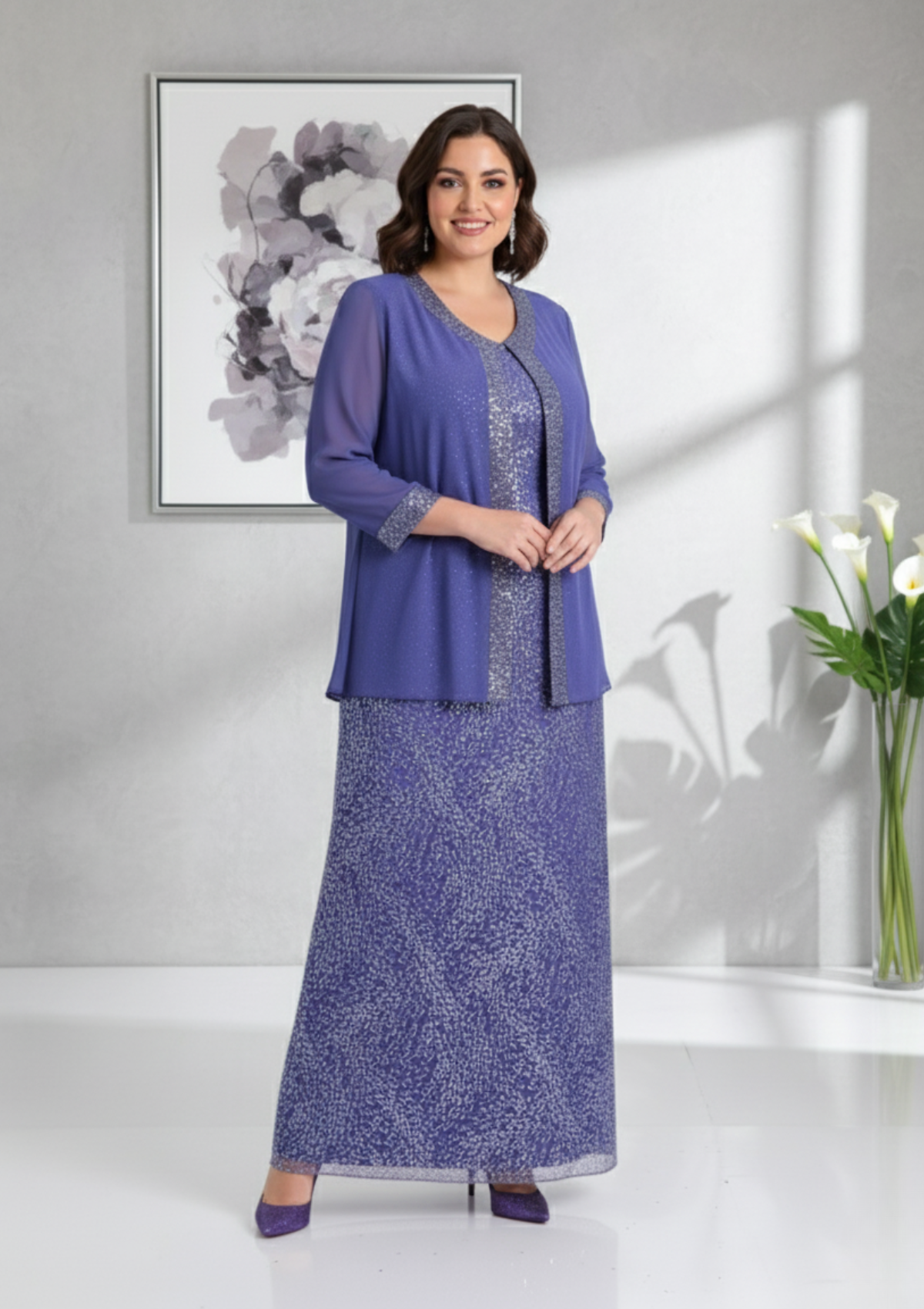 Büyük Beden Lila Renkli Glitter Baskı Dantelli Şifon Ceketli Uzun Abiye Elbise