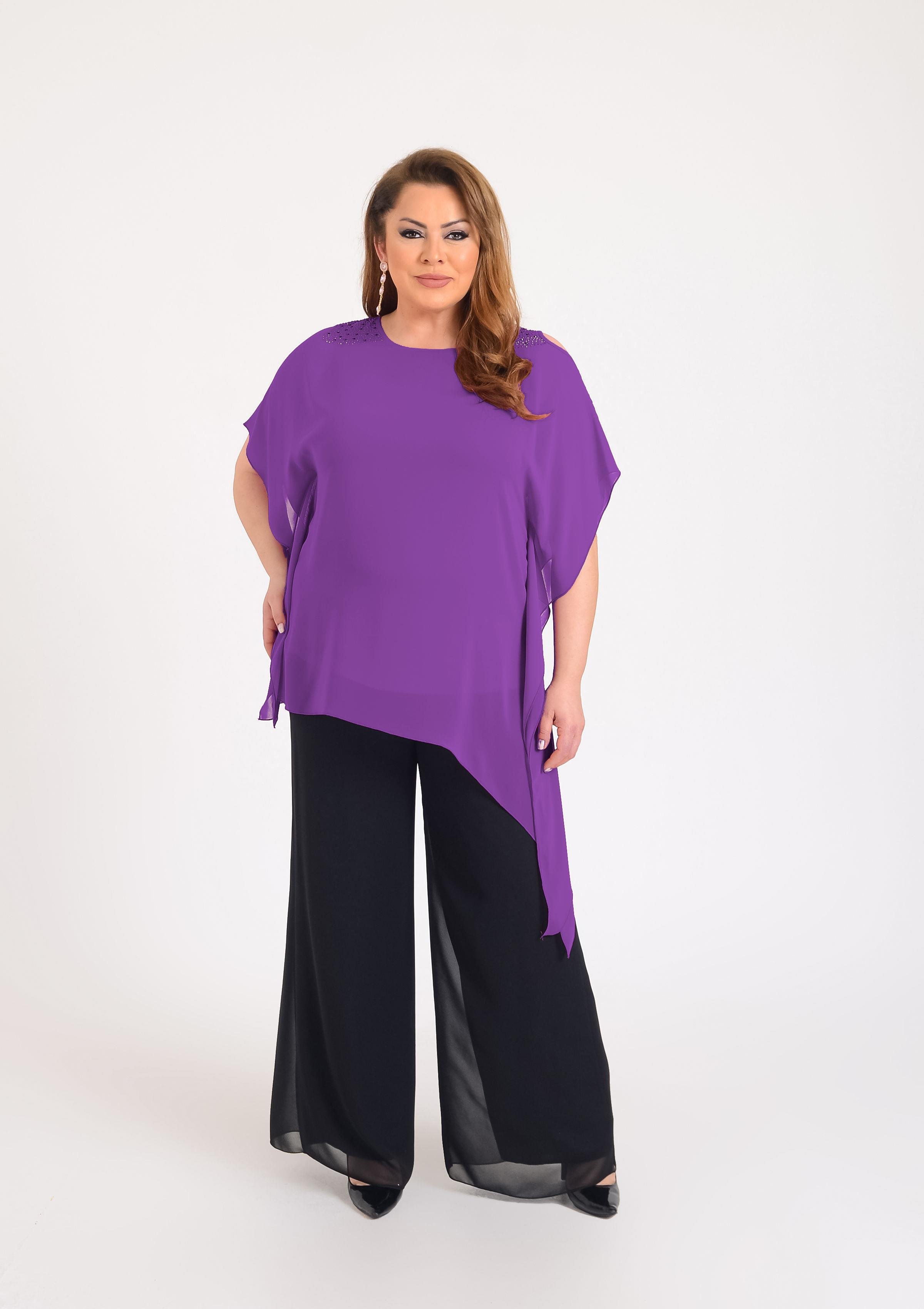 Büyük Beden Mürdüm Renkli Asimetrik Kesim Şifon Bluz