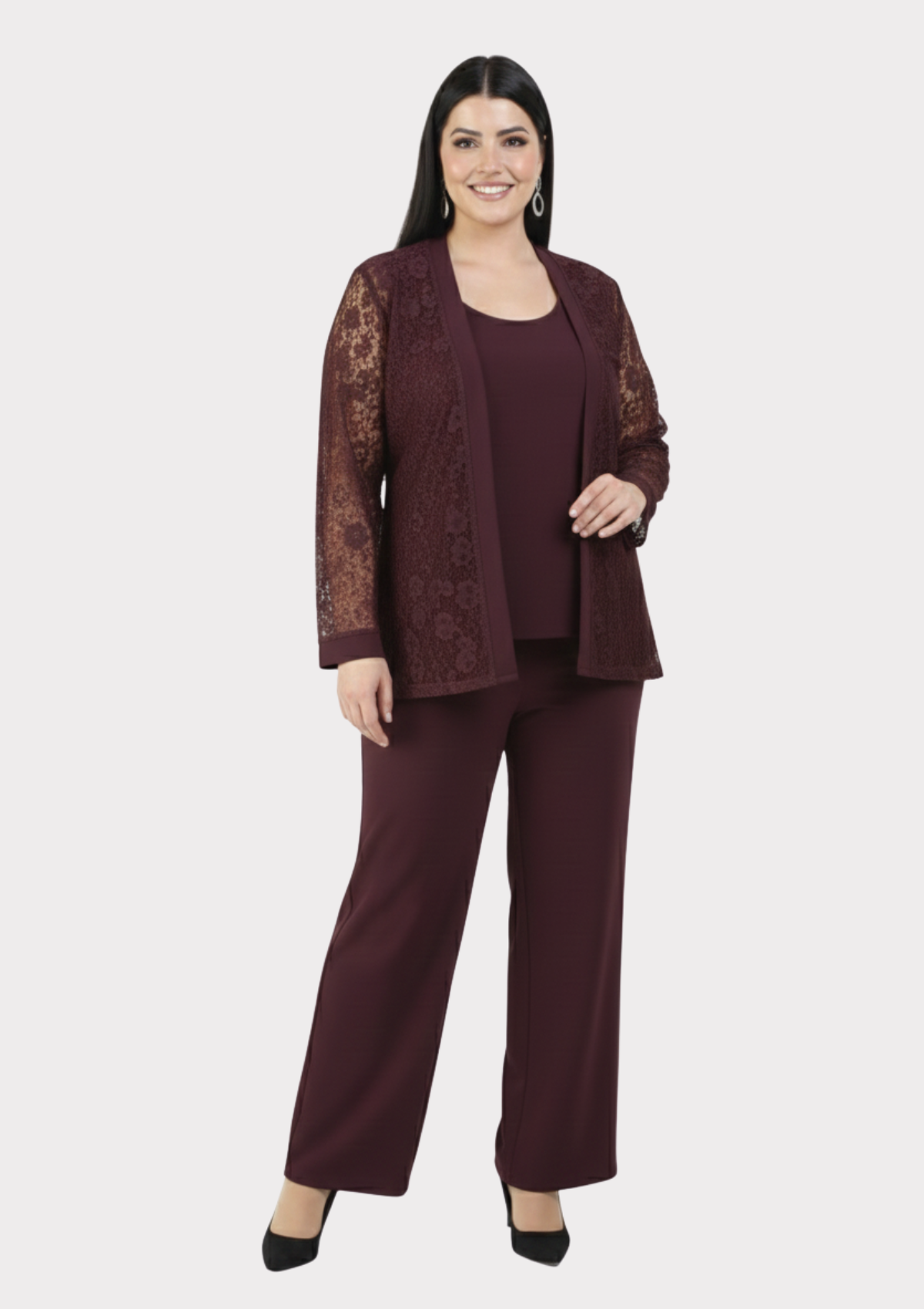 Büyük Beden Mürdüm Renkli Dantel Ceketli Abiye Pantolon Bluz Takım