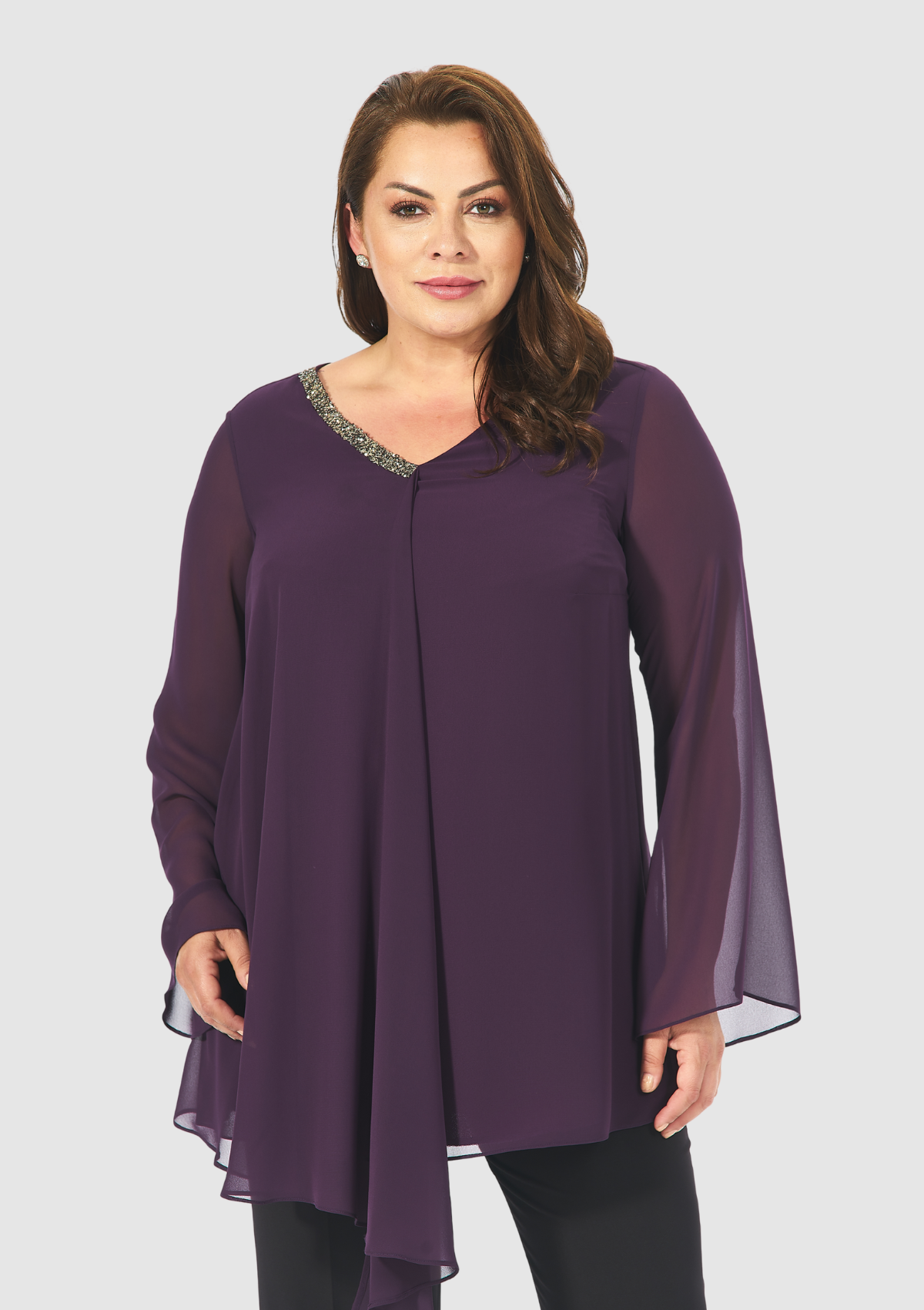 Büyük Beden Mürdüm Renkli  Şifon  Abiye Bluz