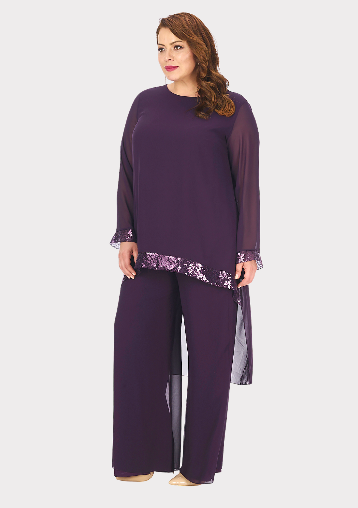 Büyük Beden Mürdüm Renkli Şifon Abiye Pantolon Bluz Takım