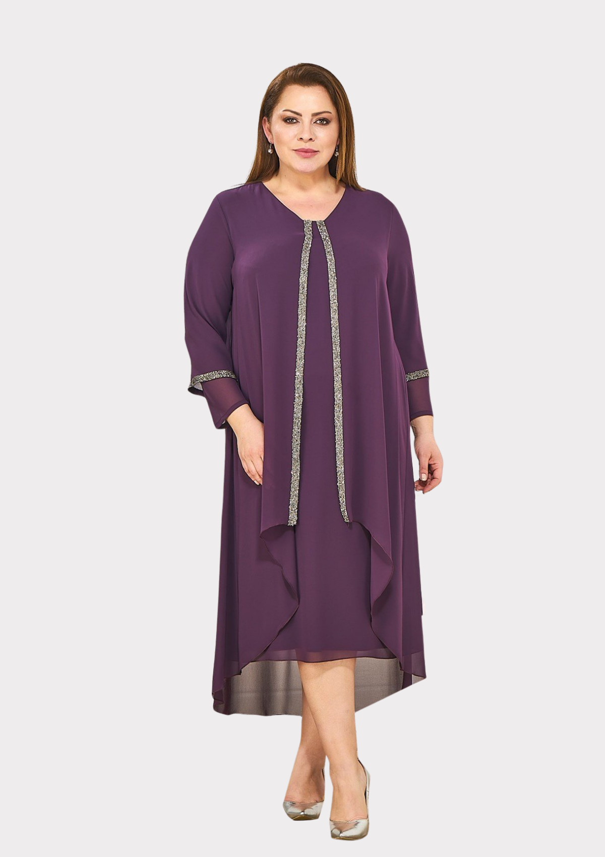 Büyük Beden Mürdüm Renkli Taş Baskılı Kısa Abiye Elbise