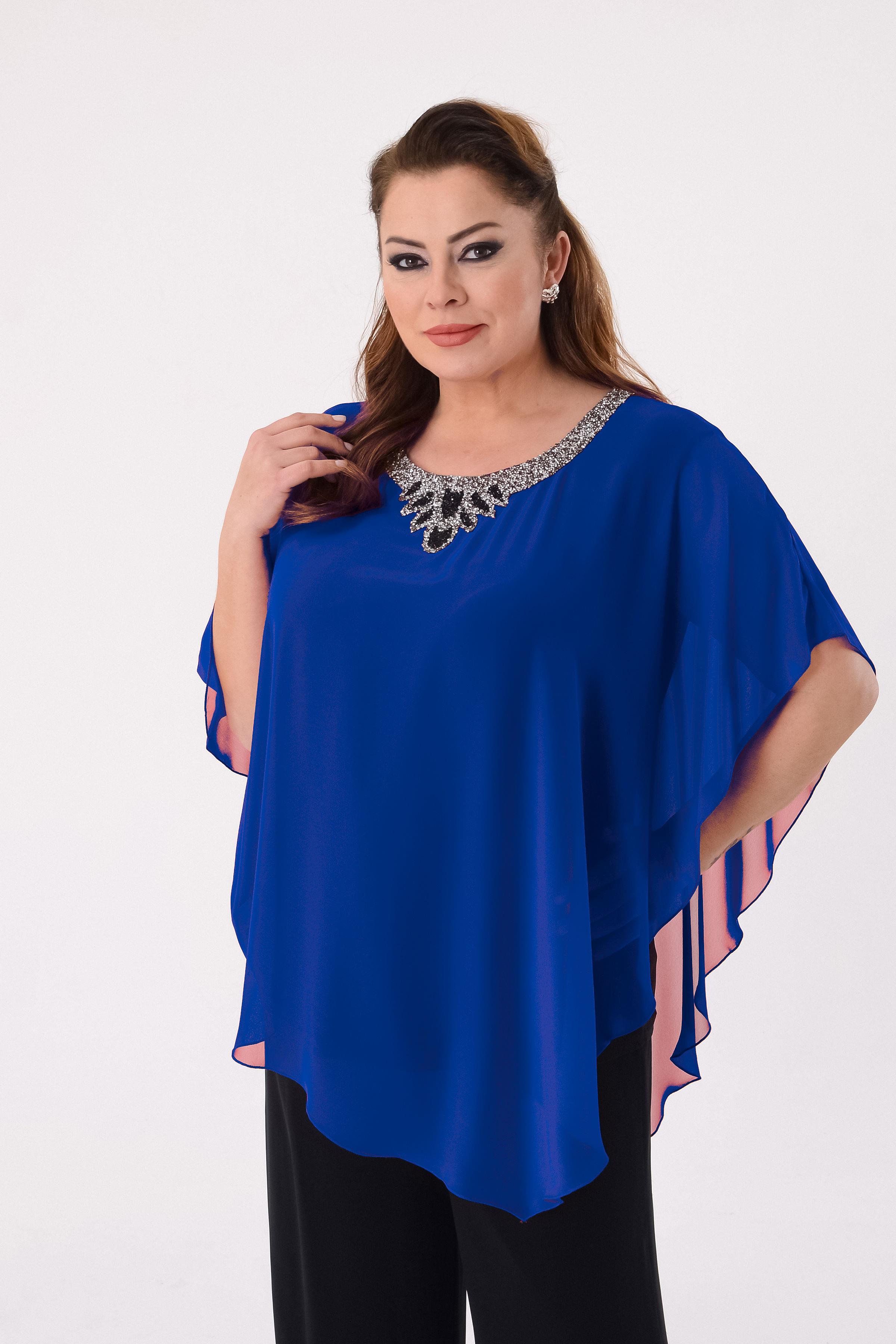 Büyük Beden Sax Renkli Şifon Abiye Bluz