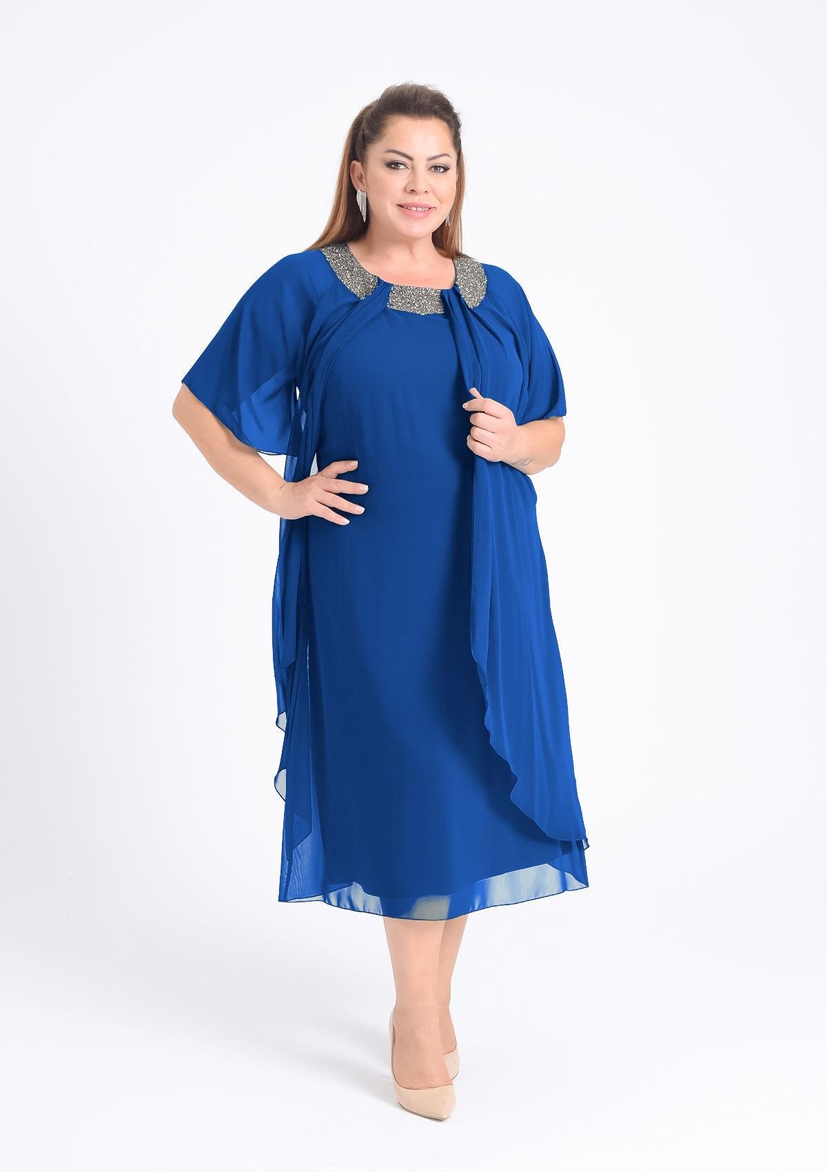 Büyük Beden Sax Renkli Taş Baskılı Kısa Abiye Elbise