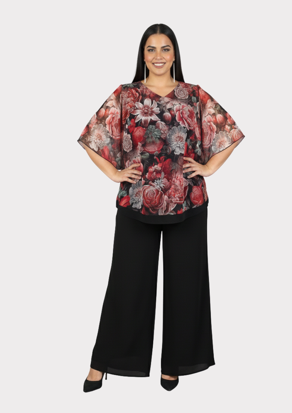 Büyük Beden Siyah Kırmızı Çiçek Desenli Şifon Bluz