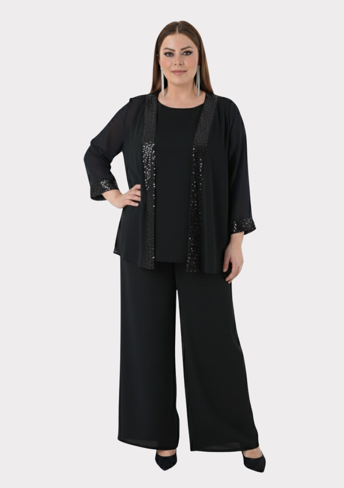 Büyük Beden Siyah Renkli Şifon Abiye Pantolon Bluz Takım