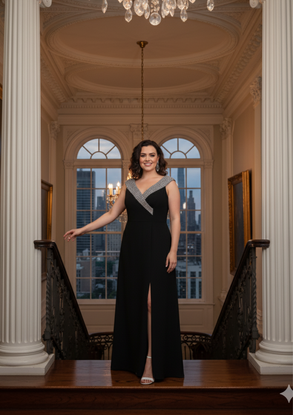 Büyük Beden Siyah Renkli Şifon Kayık Yaka Uzun Abiye Elbise