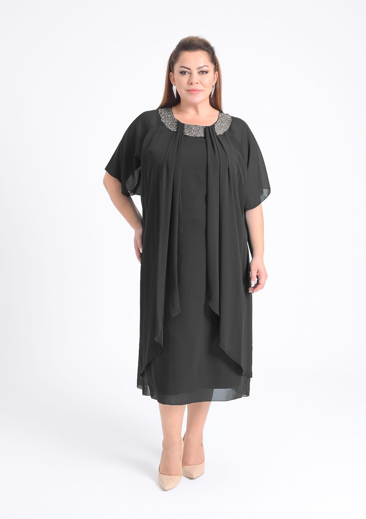 Büyük Beden Siyah Renkli Taş Baskılı Kısa Abiye Elbise