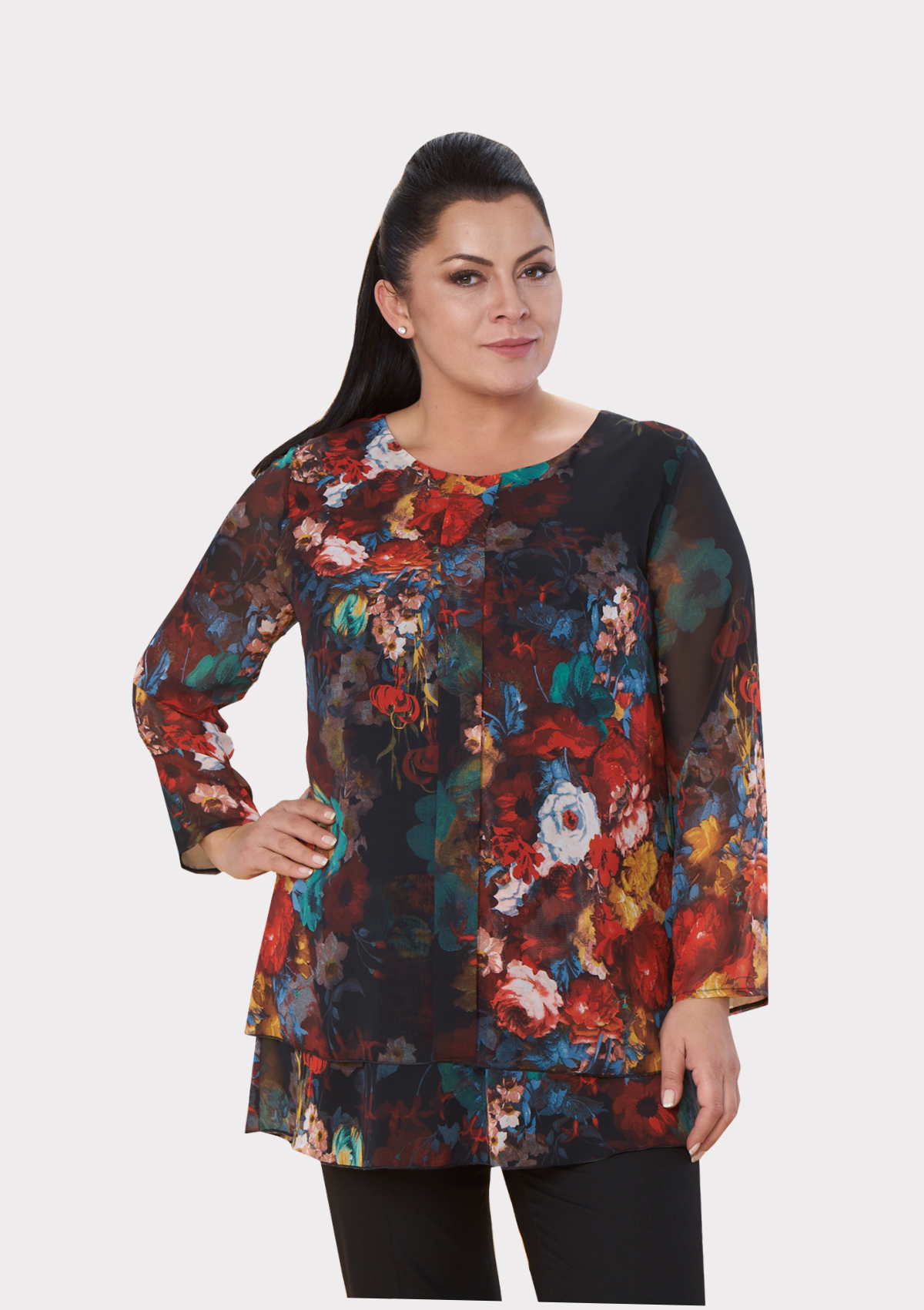 Büyük Beden Turuncu Siyah  Renkli Şifon Bluz