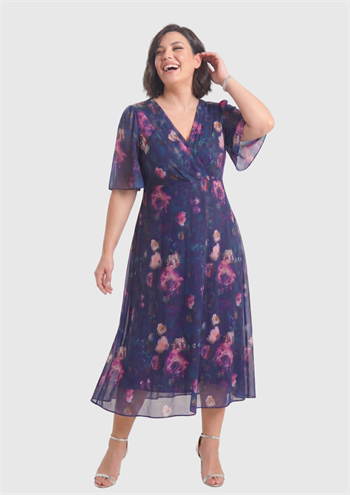 Büyük Beden Pembe Çiçekli Pile Yaka Kısa Abiye Şifon Elbise