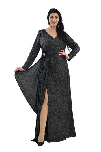 Büyük Beden Siyah Renkli Kruvaze Yaka Likralı Simli Abiye Elbise