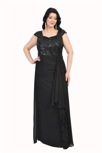 Büyük Beden Siyah Renkli Uzun Pul Payet Detaylı Şifon Elbise