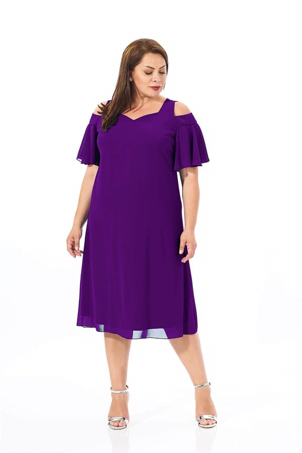 Büyük Beden Mor Renkli Omuz Detaylı Şifon Elbise