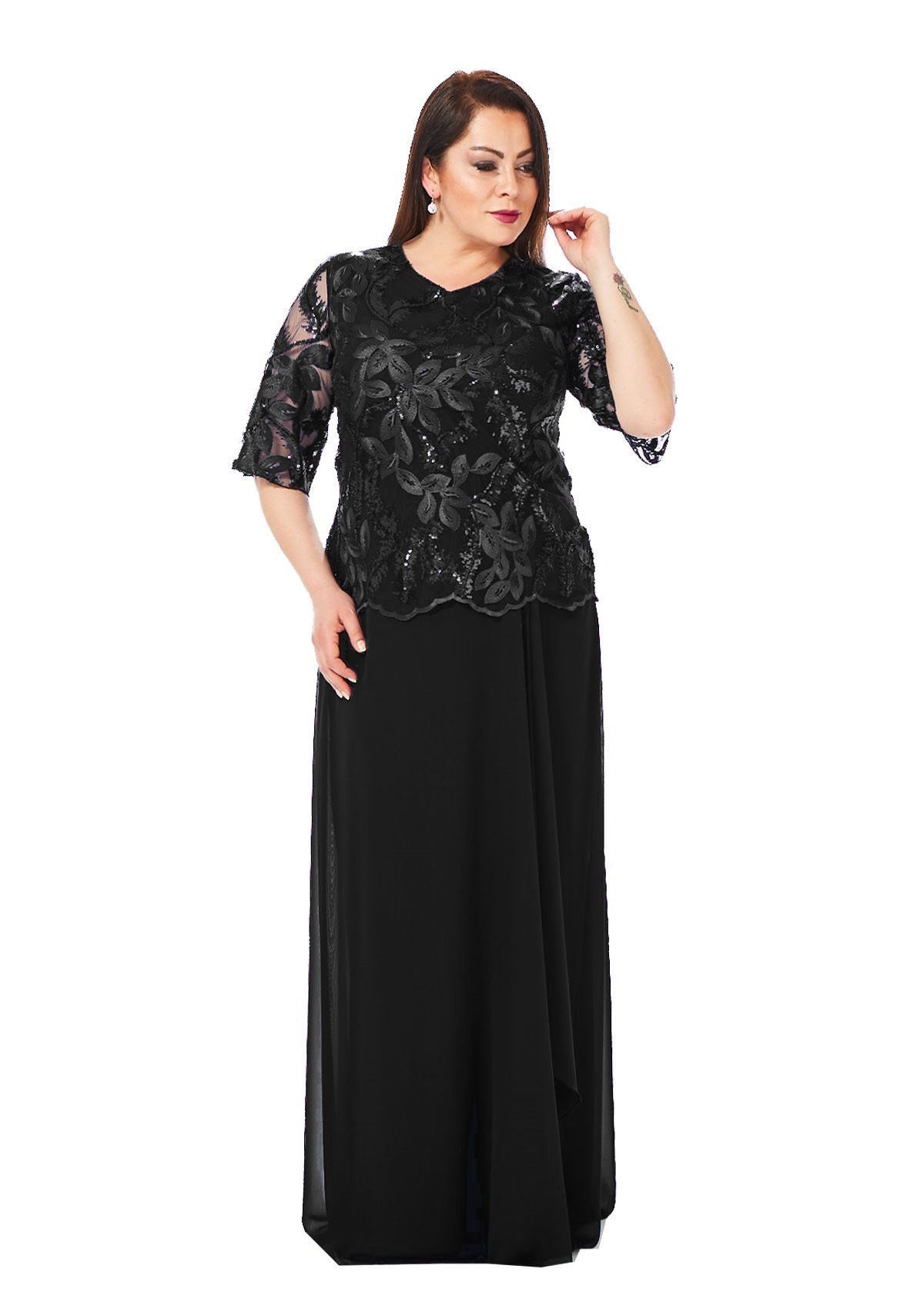 Büyük Beden Siyah Renkli Kısa Kollu Uzun Abiye Elbise - LilasXXL