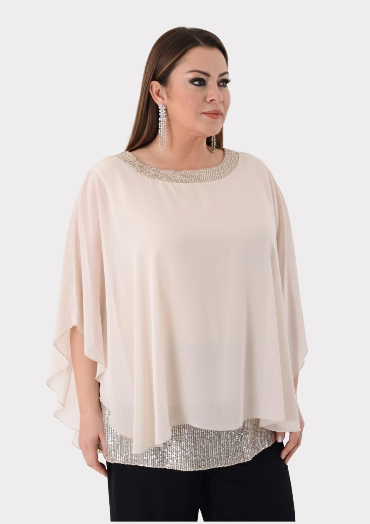 Büyük Beden Bej Renkli Şifon Abiye Bluz