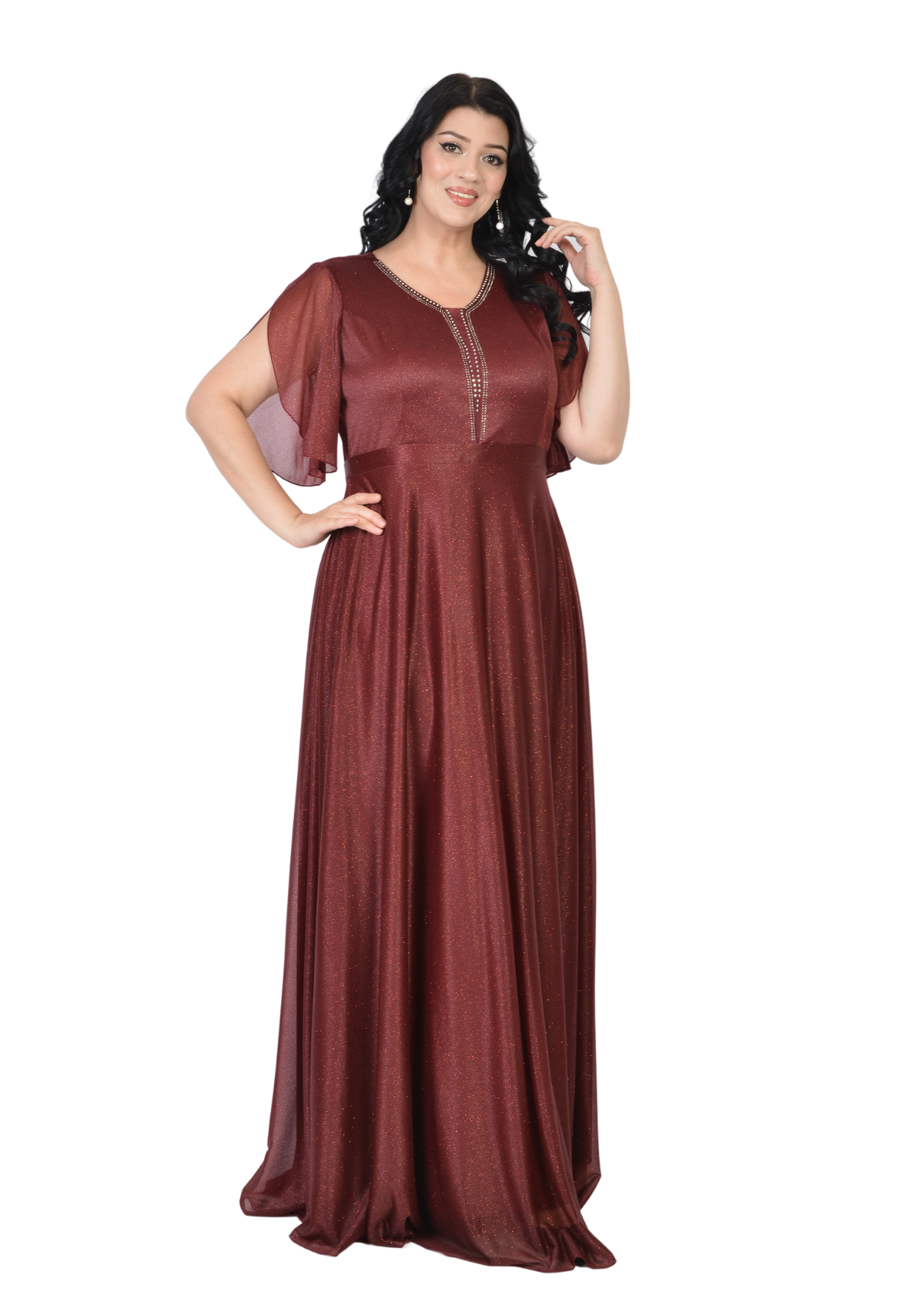 Büyük Beden Bordo Renkli Simli Uzun Elbise