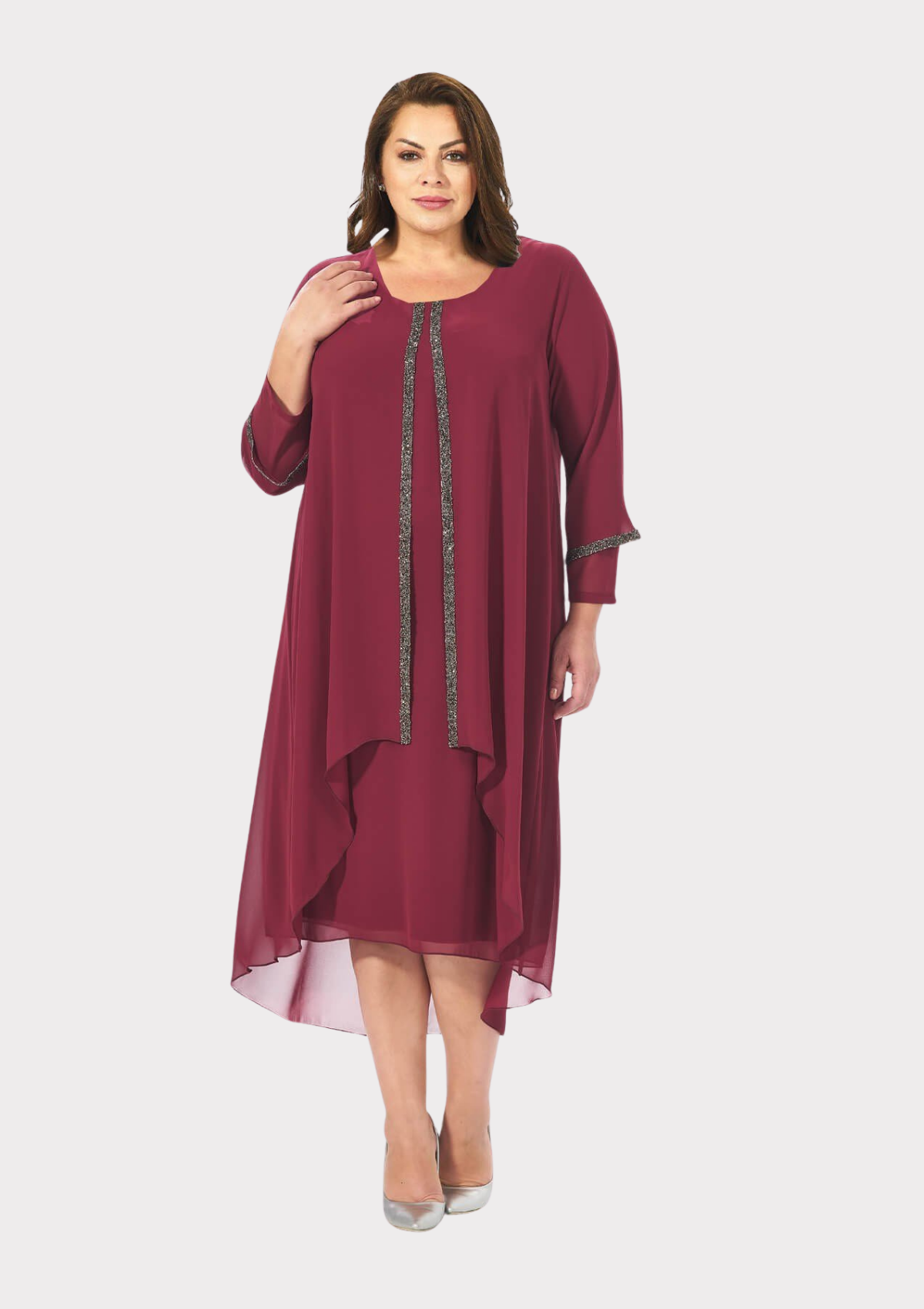 Büyük Beden Bordo Renkli Taş Baskılı Kısa Abiye Elbise