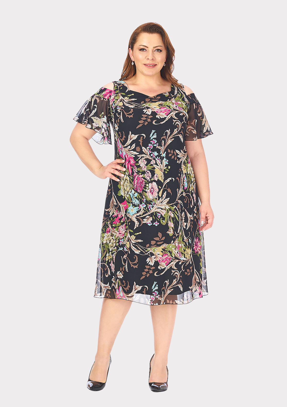 Büyük Beden Çalı Desenli Şifon Abiye Elbise