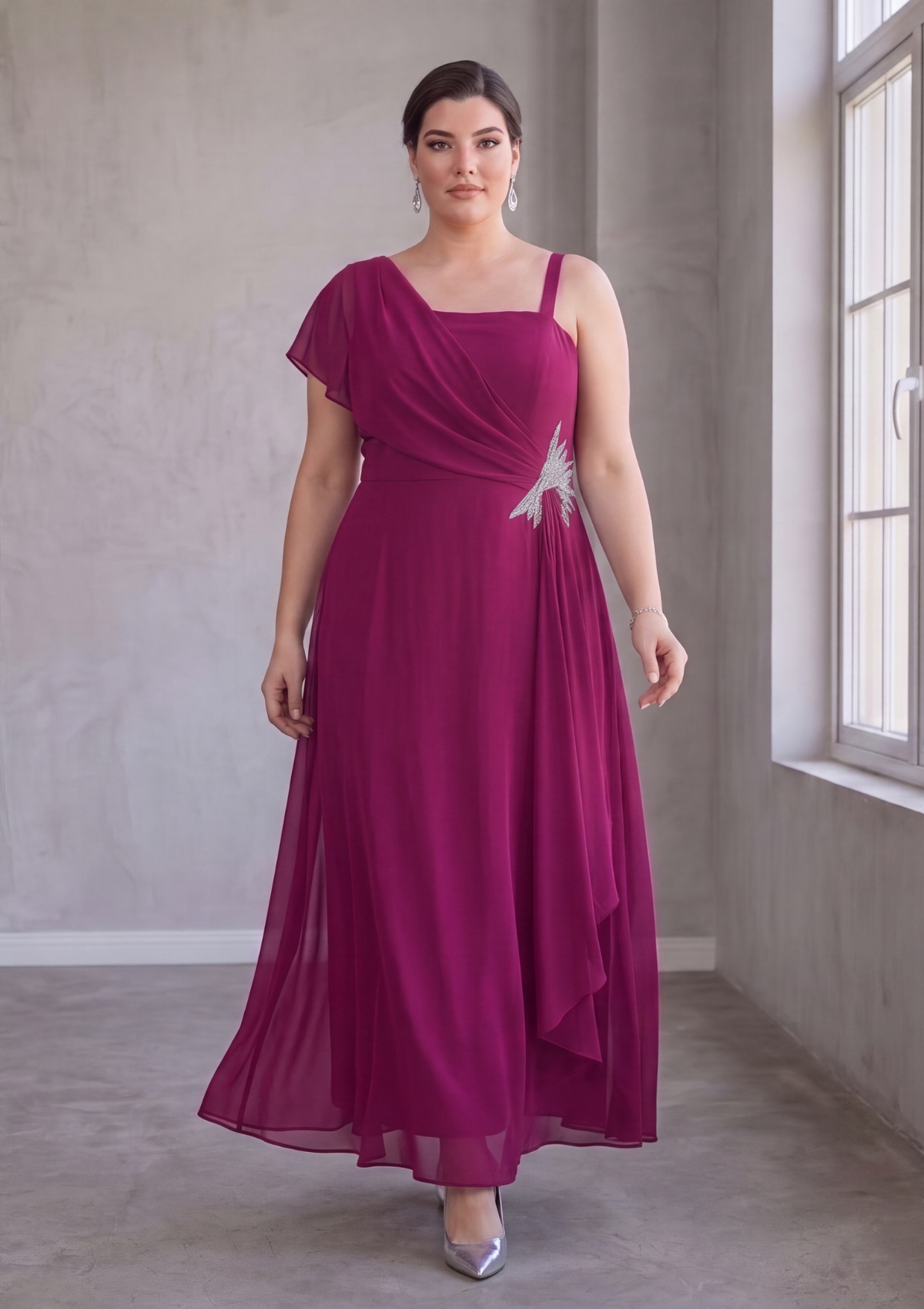 Büyük Beden Fuşya Renk Tek Omuz Detaylı Taş Tokalı Şifon Abiye Elbise