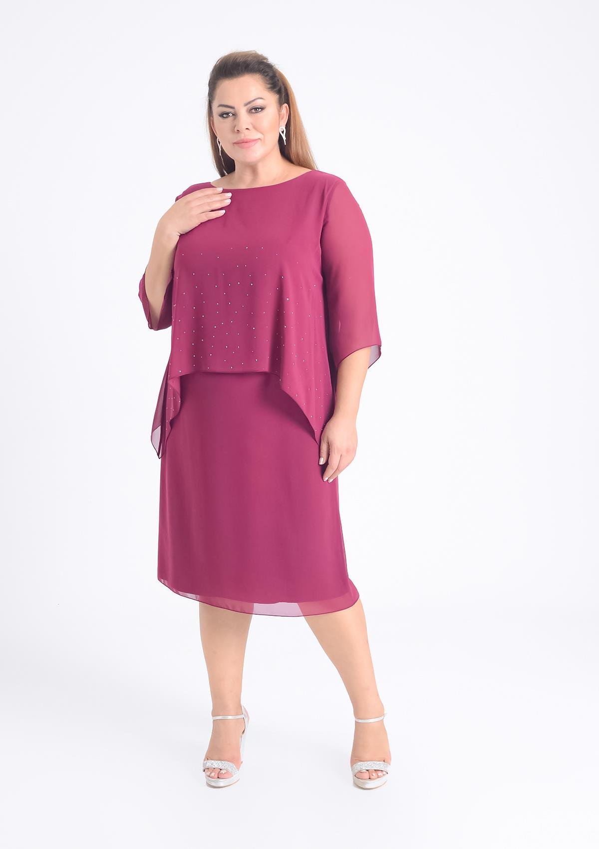 Büyük Beden Fuşya Renkli Taş Baskılı Kısa Abiye Elbise