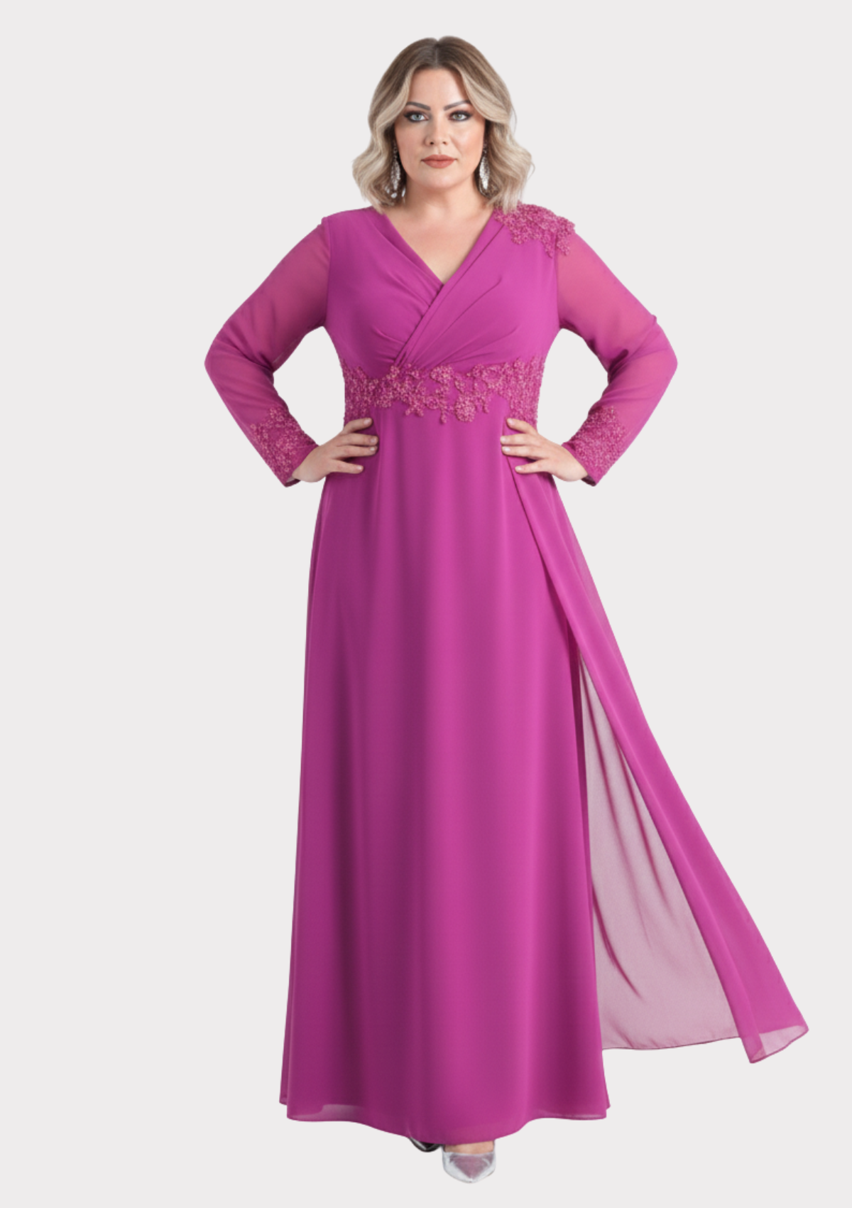 Büyük Beden Fuşya Renkli Uzun Şifon Abiye Elbise