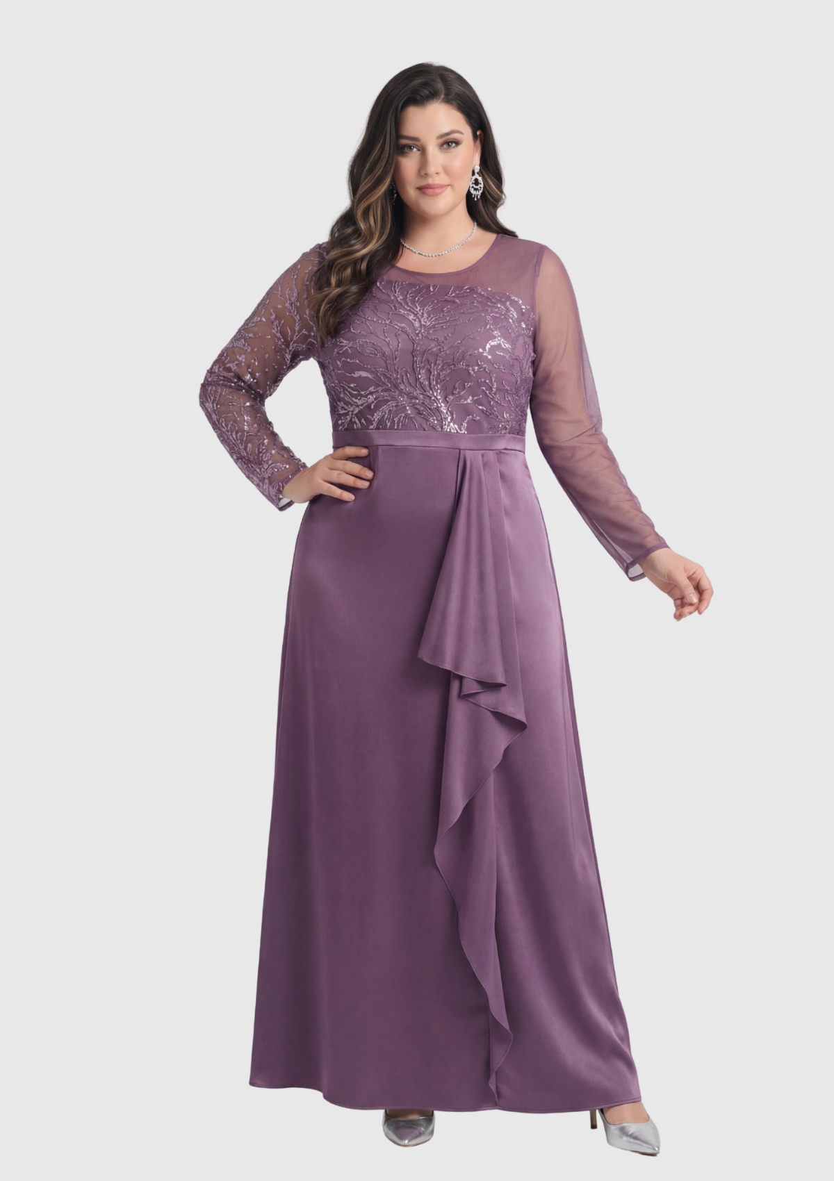 Büyük Beden Glitter Baskı Fırfırlı Lavanta Renkli Abiye Elbise