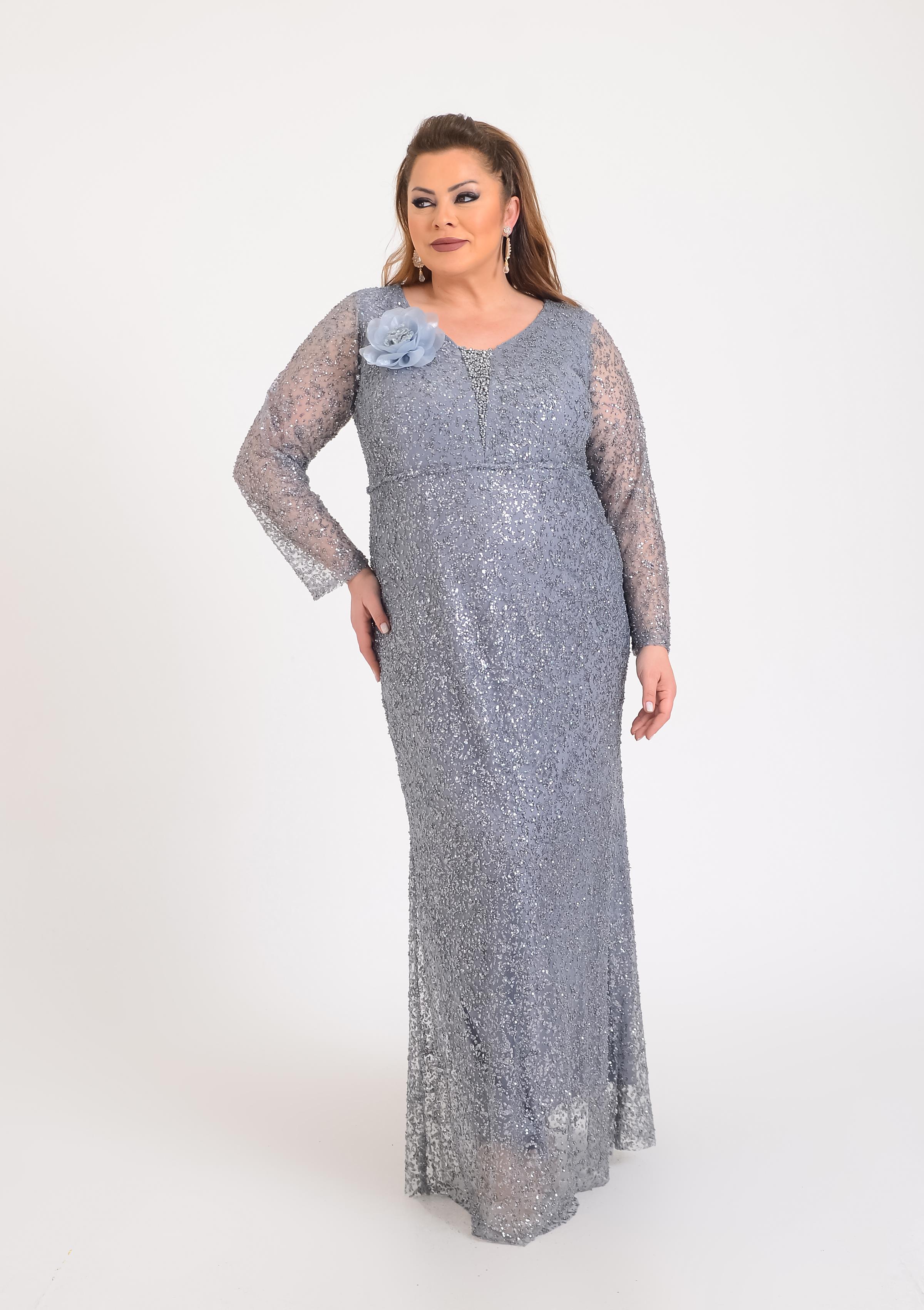 Büyük Beden Glitter Baskı Gri Renkli Uzun Kollu Uzun Abiye Elbise