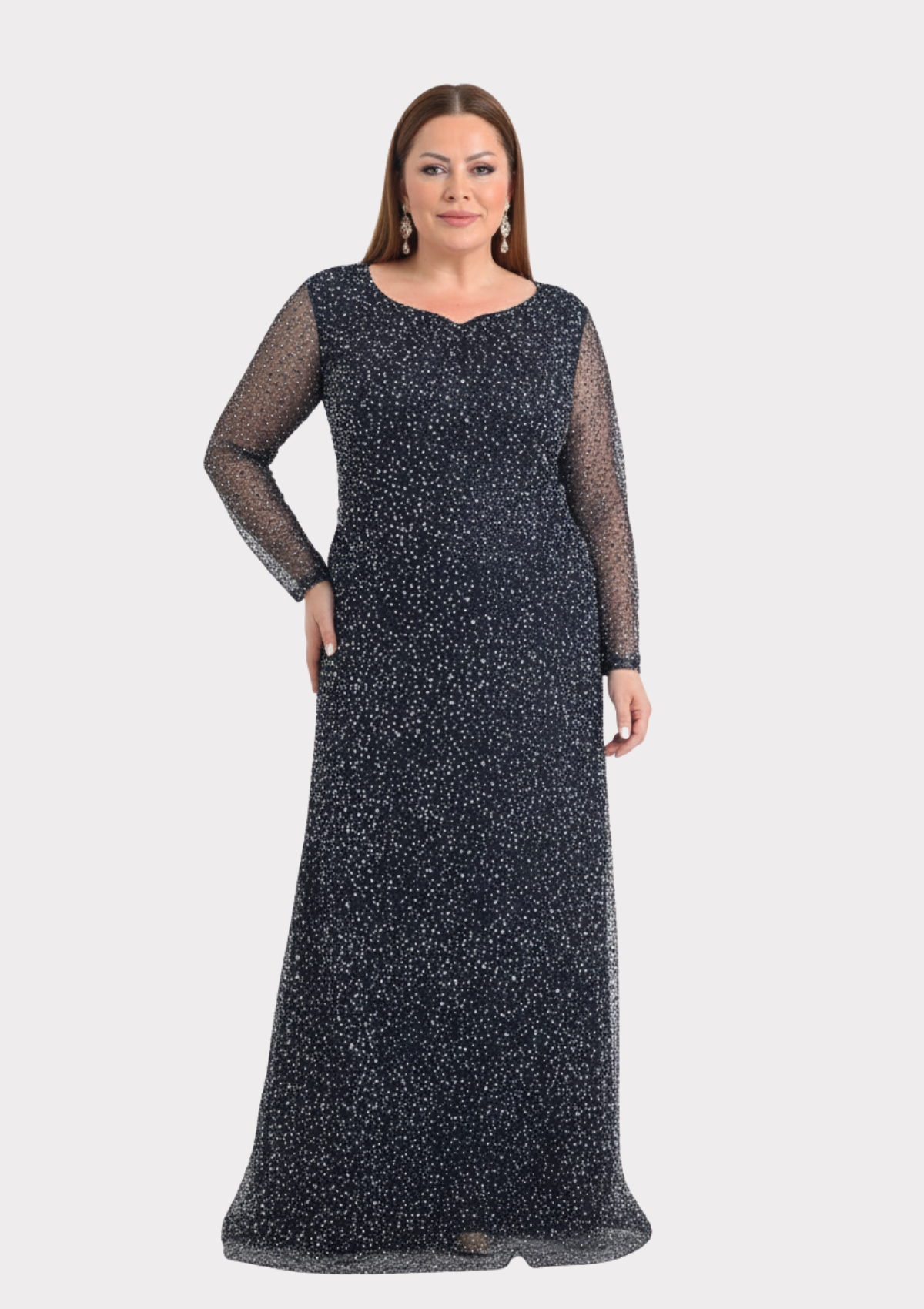 Büyük Beden Glitter Baskı Siyah Renkli Uzun Kollu Uzun Abiye Elbise