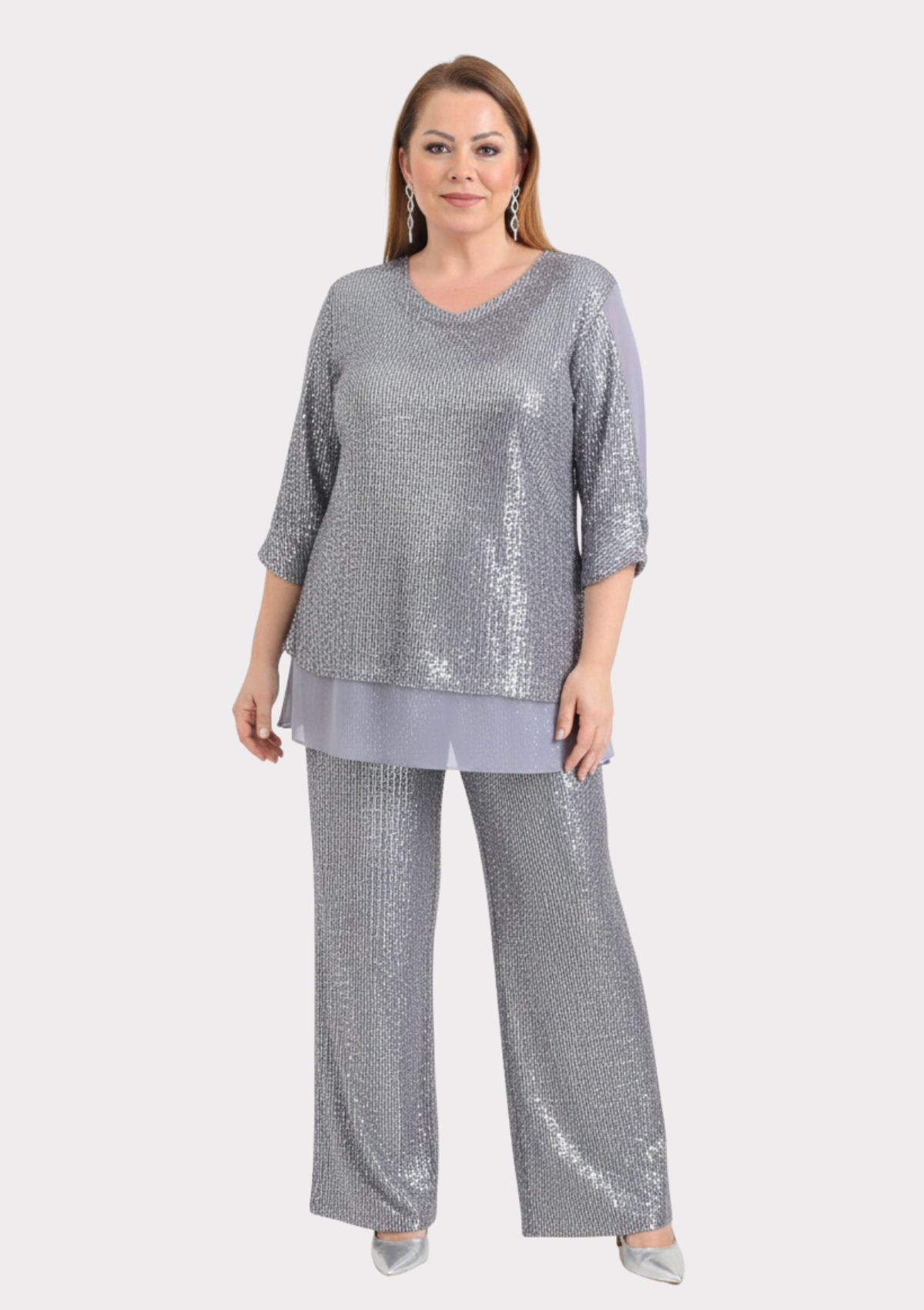 Büyük Beden Gri Renkli Pul Payetli Pantolon