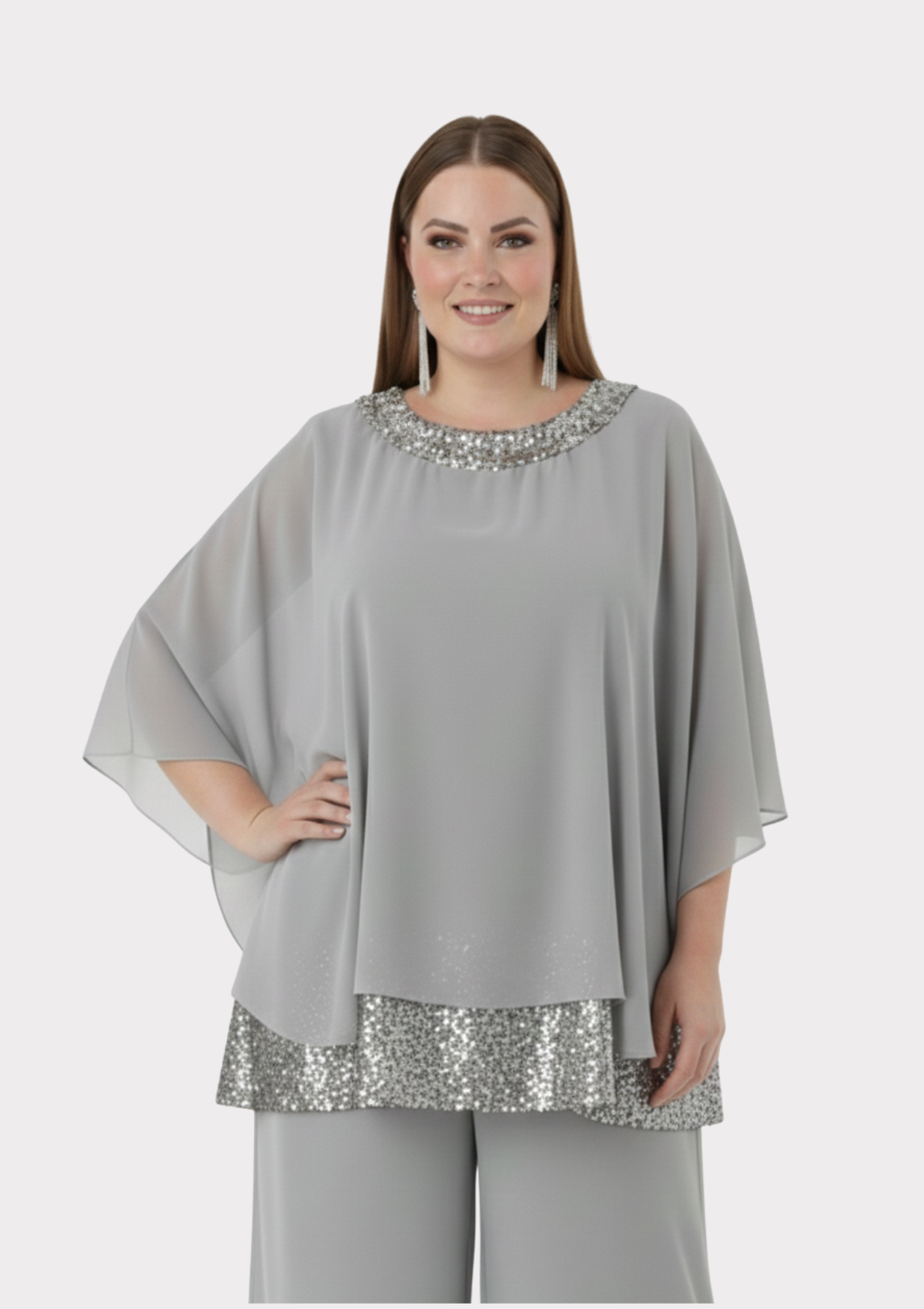Büyük Beden Gri Renkli Şifon Abiye Bluz