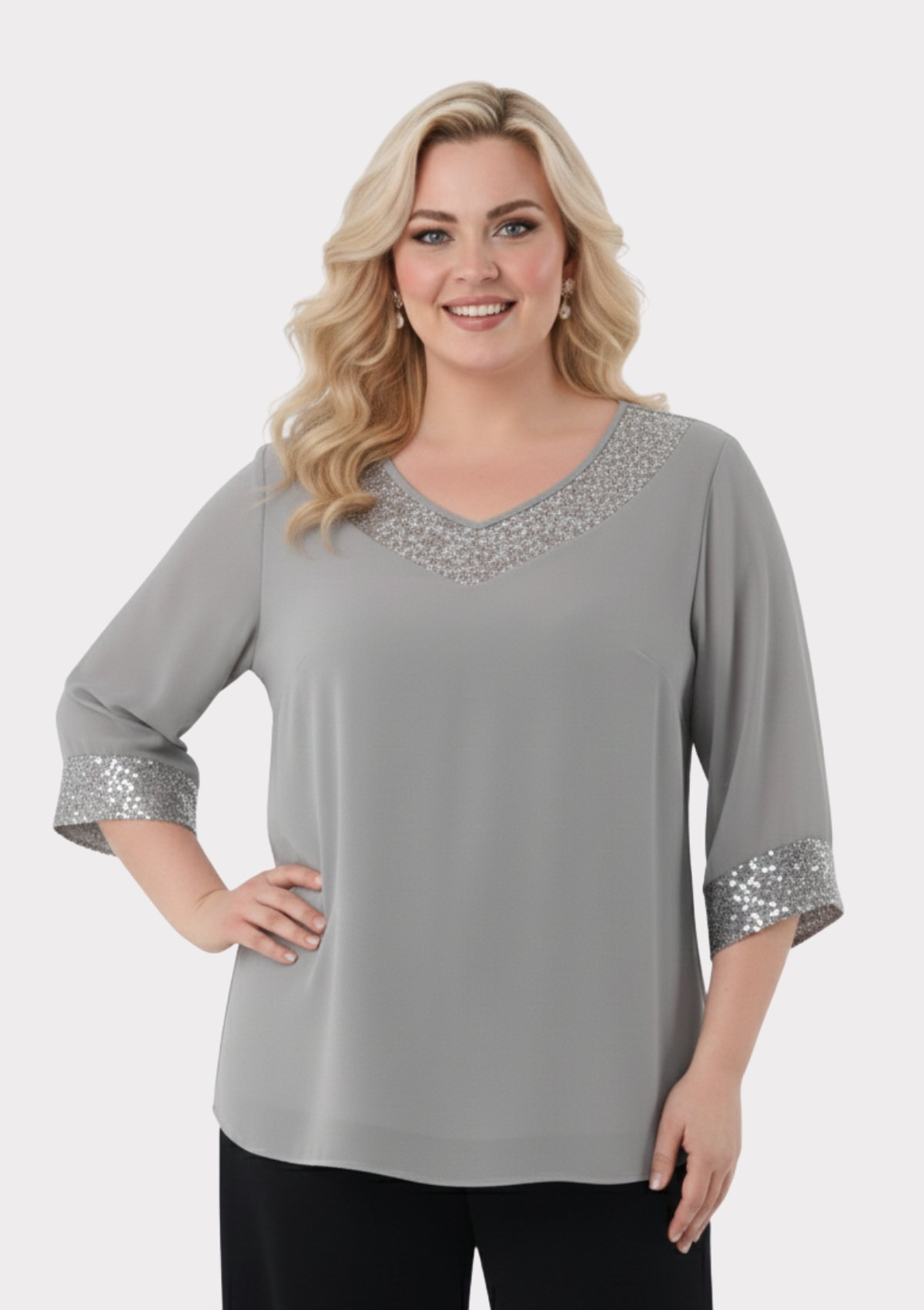 Büyük Beden Gri Renkli Şifon V Yaka Abiye Bluz