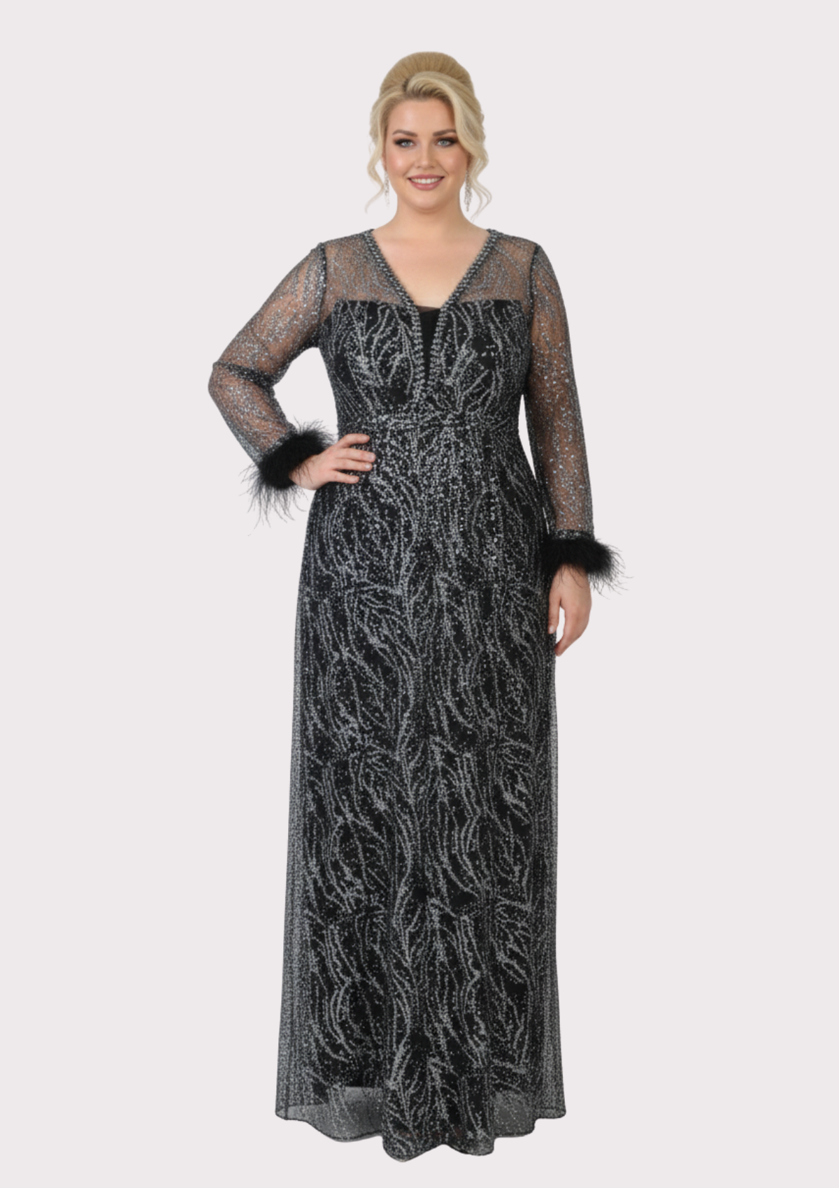 Büyük Beden Griter Baskı Gri Renkli Abiye Elbise