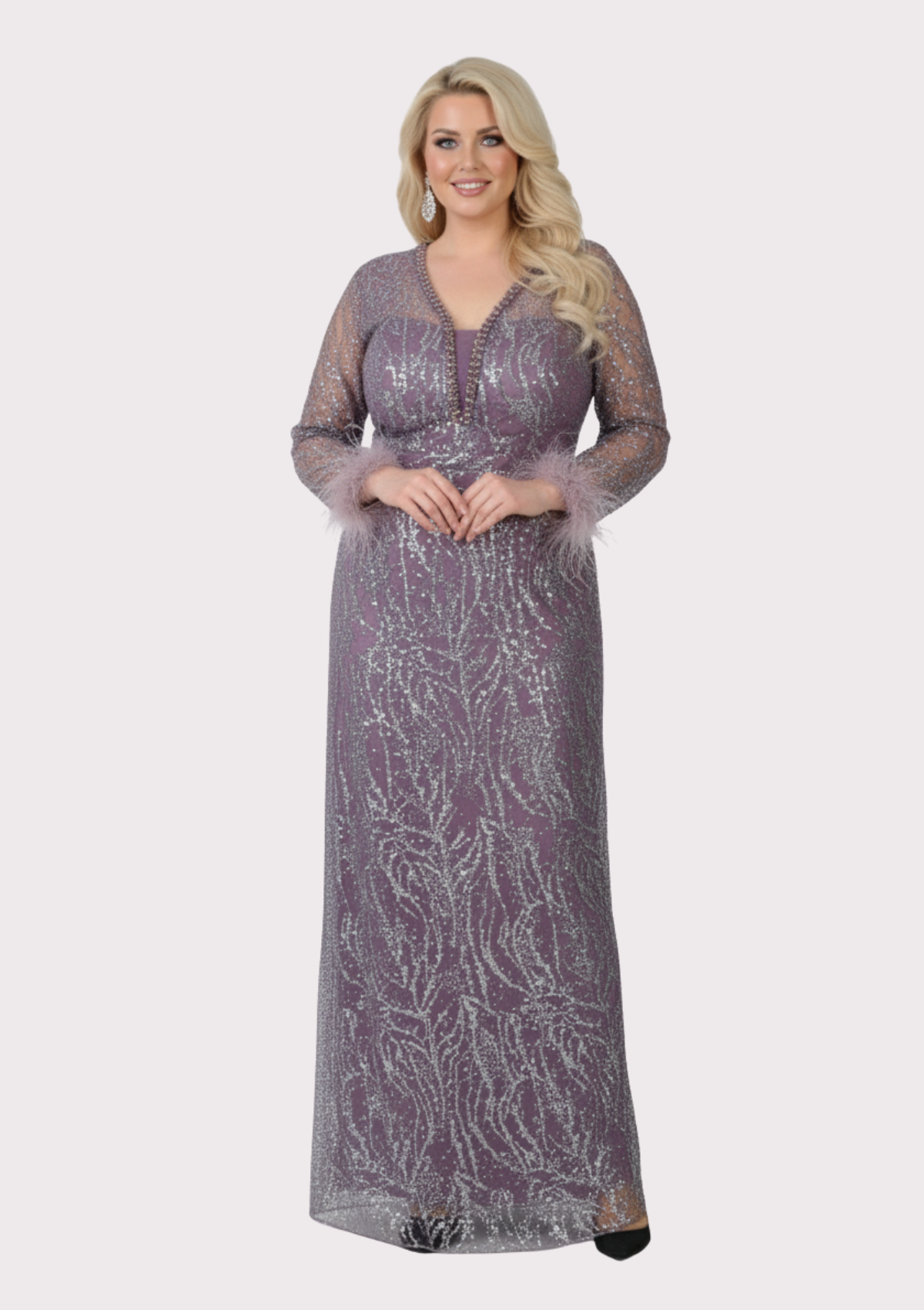 Büyük Beden Griter Baskı Lavanta Renkli Abiye Elbise