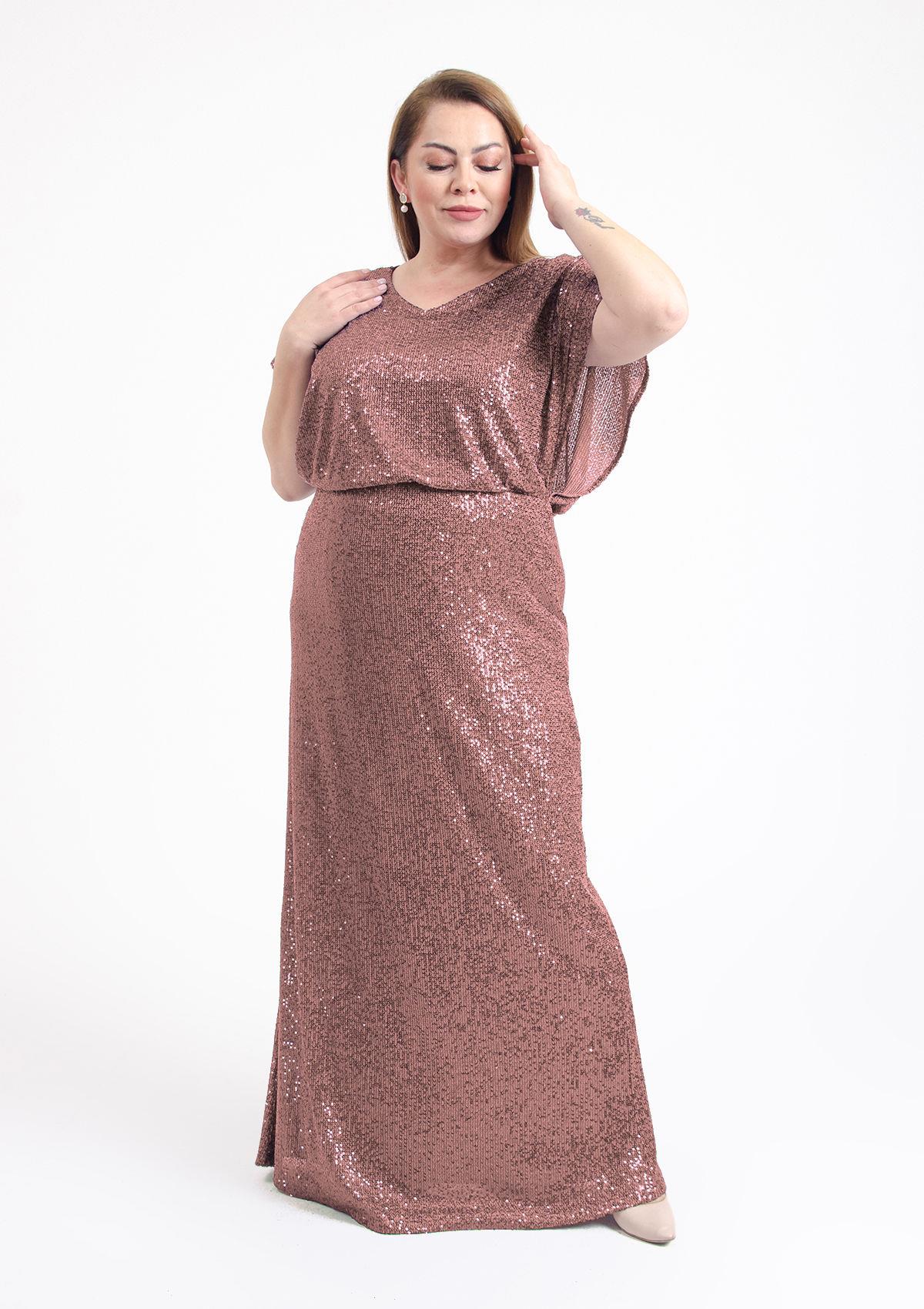 Büyük Beden Gül Kurusu Renkli Pul Payetli Uzun Abiye Elbise