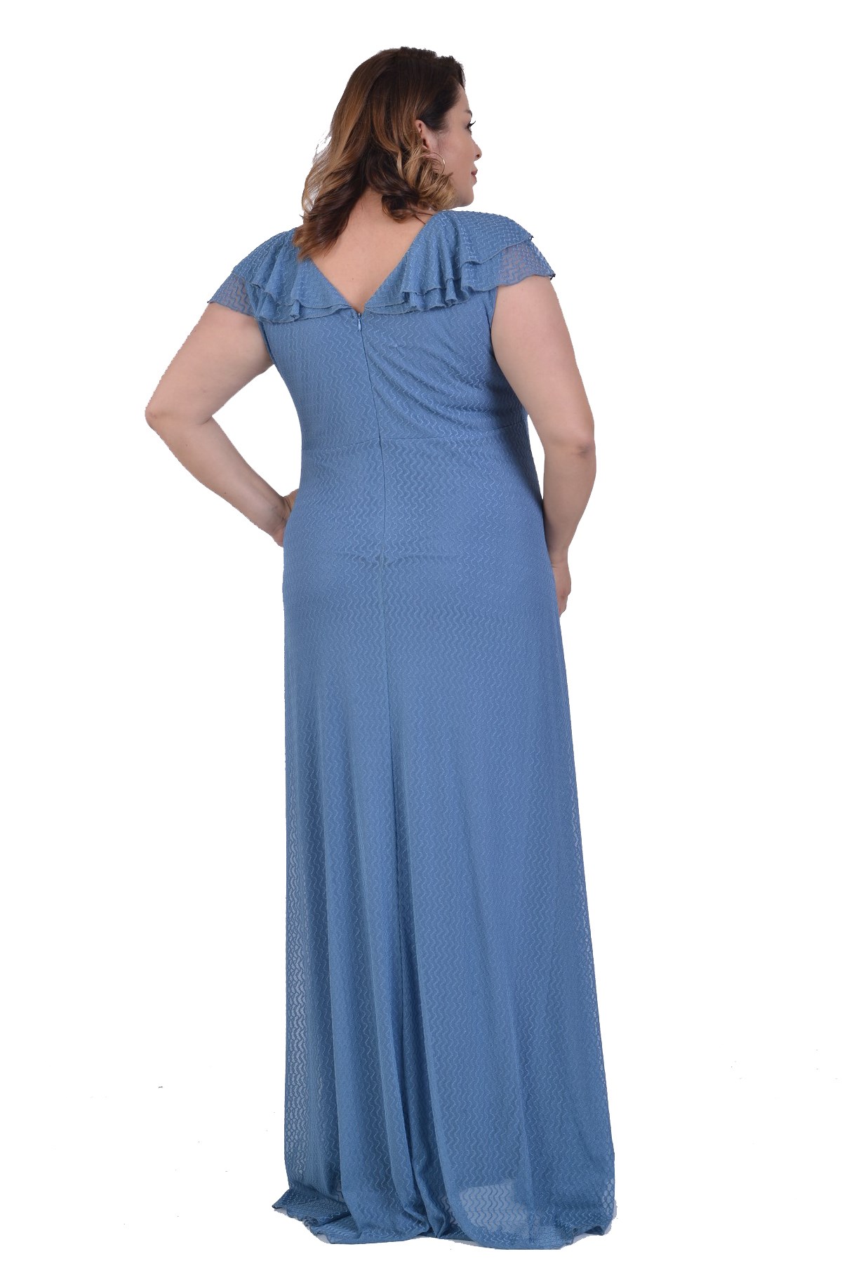 Büyük Beden İndigol Renkli Petek Tül Fırfırlı Elbise - LilasXXL