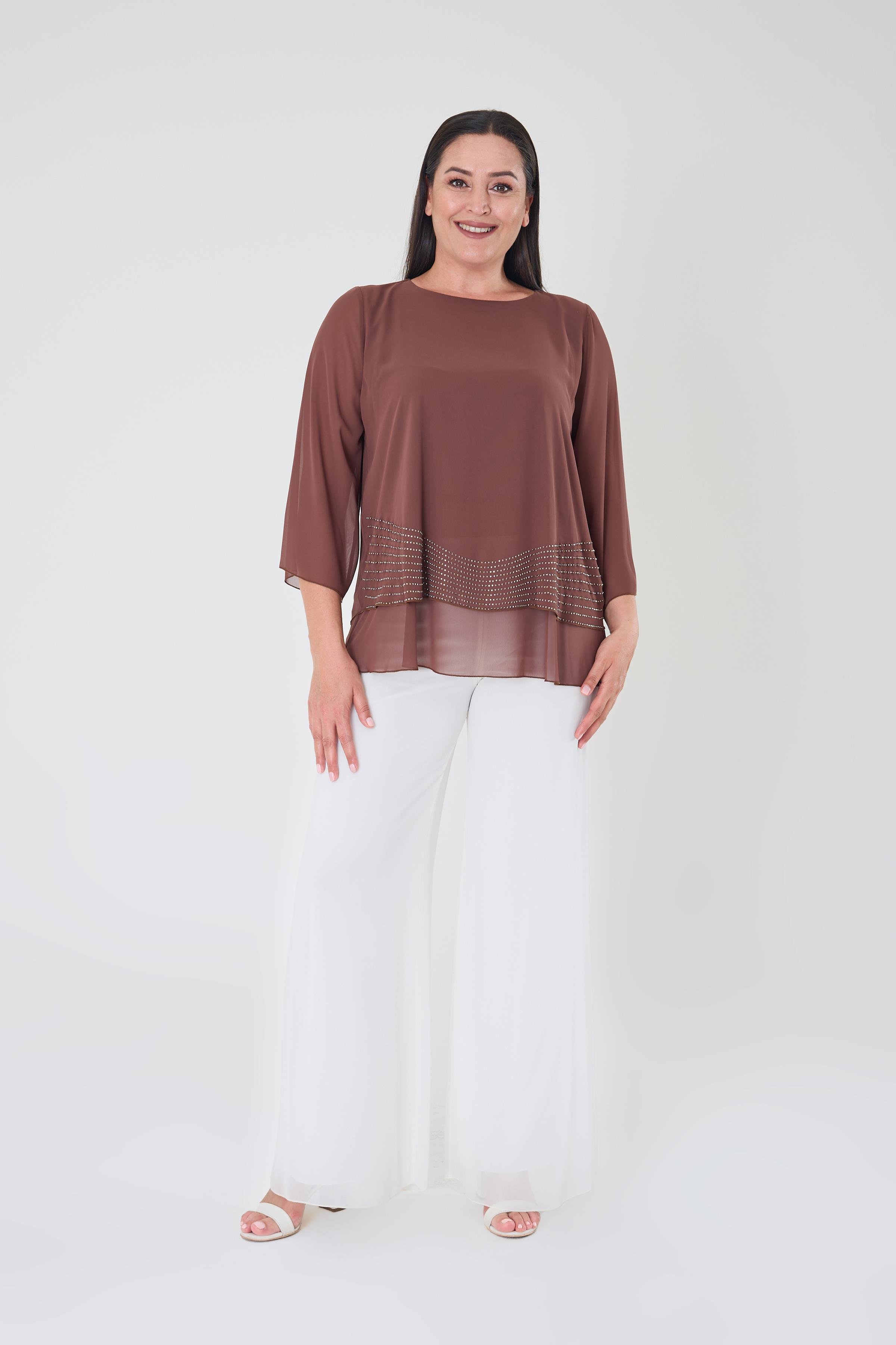 Büyük Beden Kahve Renkli Şifon Abiye Bluz