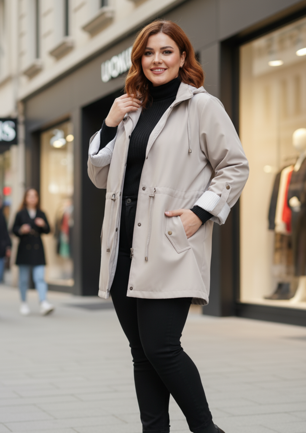 Büyük Beden Kapüşonlu Bej Renkli Bonding Ceket