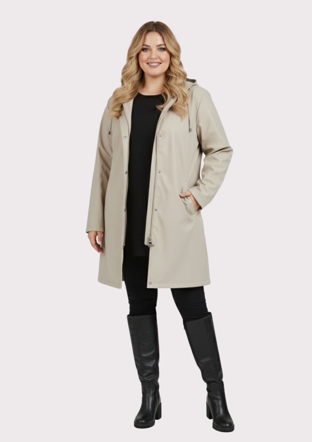 Büyük Beden Kapüşonlu Bej Renkli Bonding Ceket