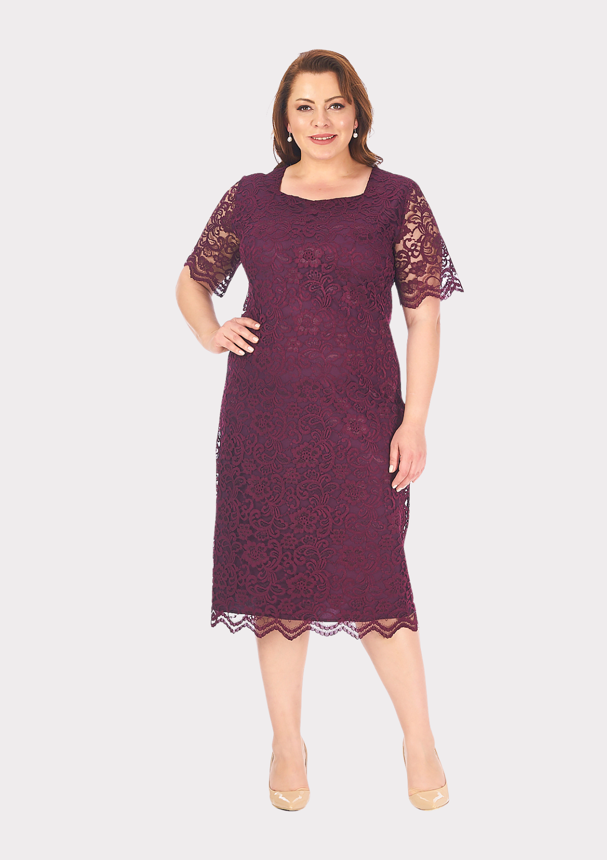 Büyük Beden Kare Yaka Mürdüm Renkli Dantel Abiye Elbise