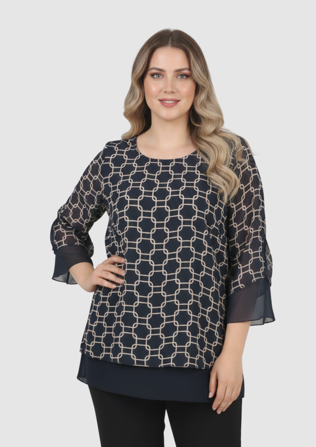 Büyük Beden Lacivert Desenli Şifon Bluz