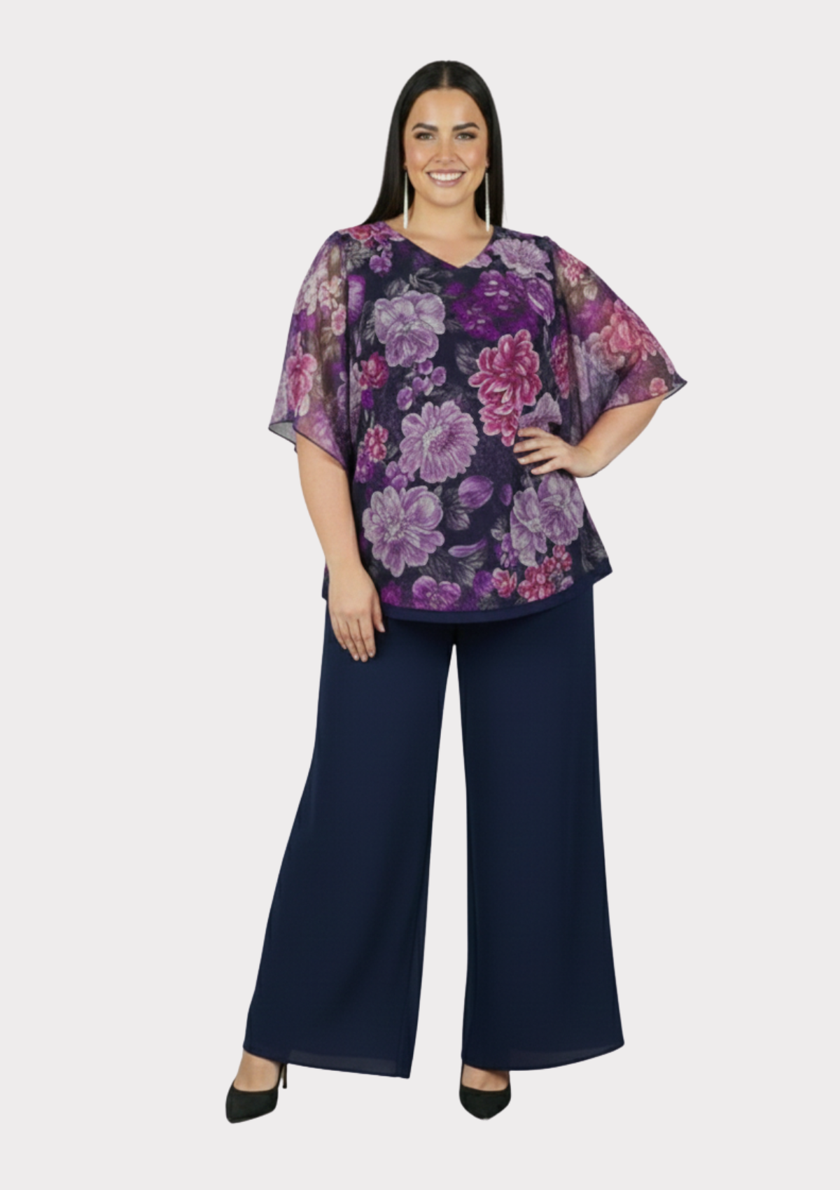 Büyük Beden Lacivert Fuşya Çiçek Desenli Şifon Bluz